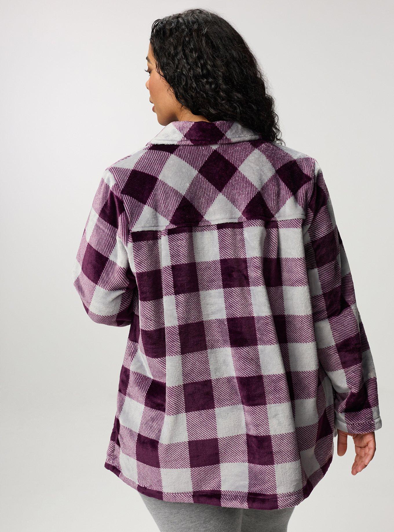 Plus Size Cozy Fur Snap Front Shacket, BUFFALO PLAID PLUM, alternate