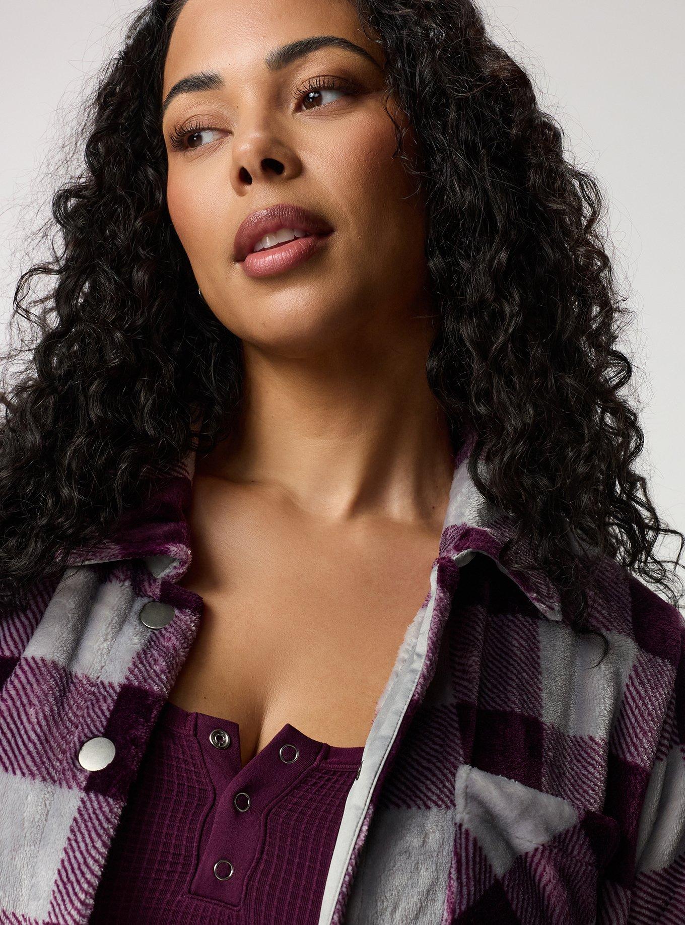 Plus Size Cozy Fur Snap Front Shacket, BUFFALO PLAID PLUM, alternate