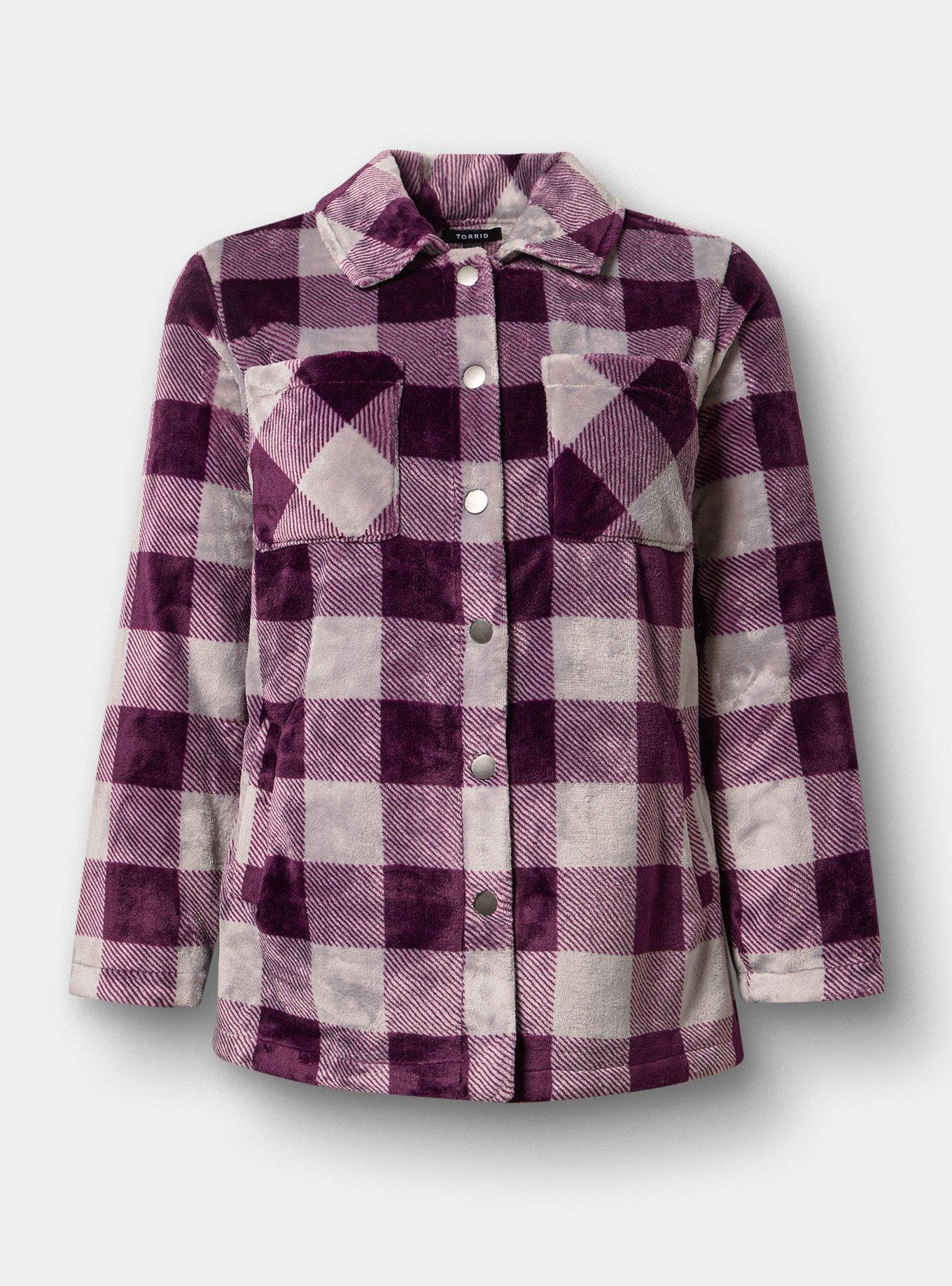 Plus Size Cozy Fur Snap Front Shacket, BUFFALO PLAID PLUM, hi-res