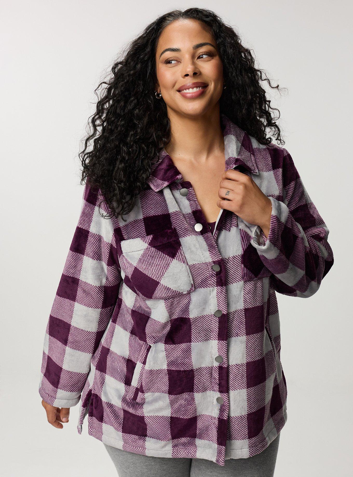 Plus Size Cozy Fur Snap Front Shacket, BUFFALO PLAID PLUM, hi-res