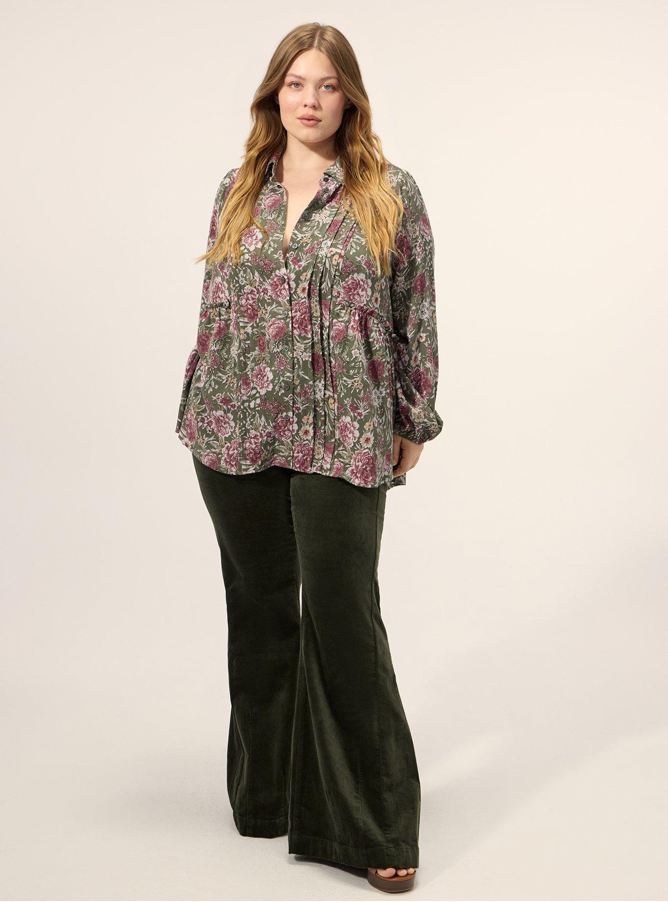 Plus Size Festi Pintuck Button-Up Blouse, ISA FLORAL OLIVE, alternate
