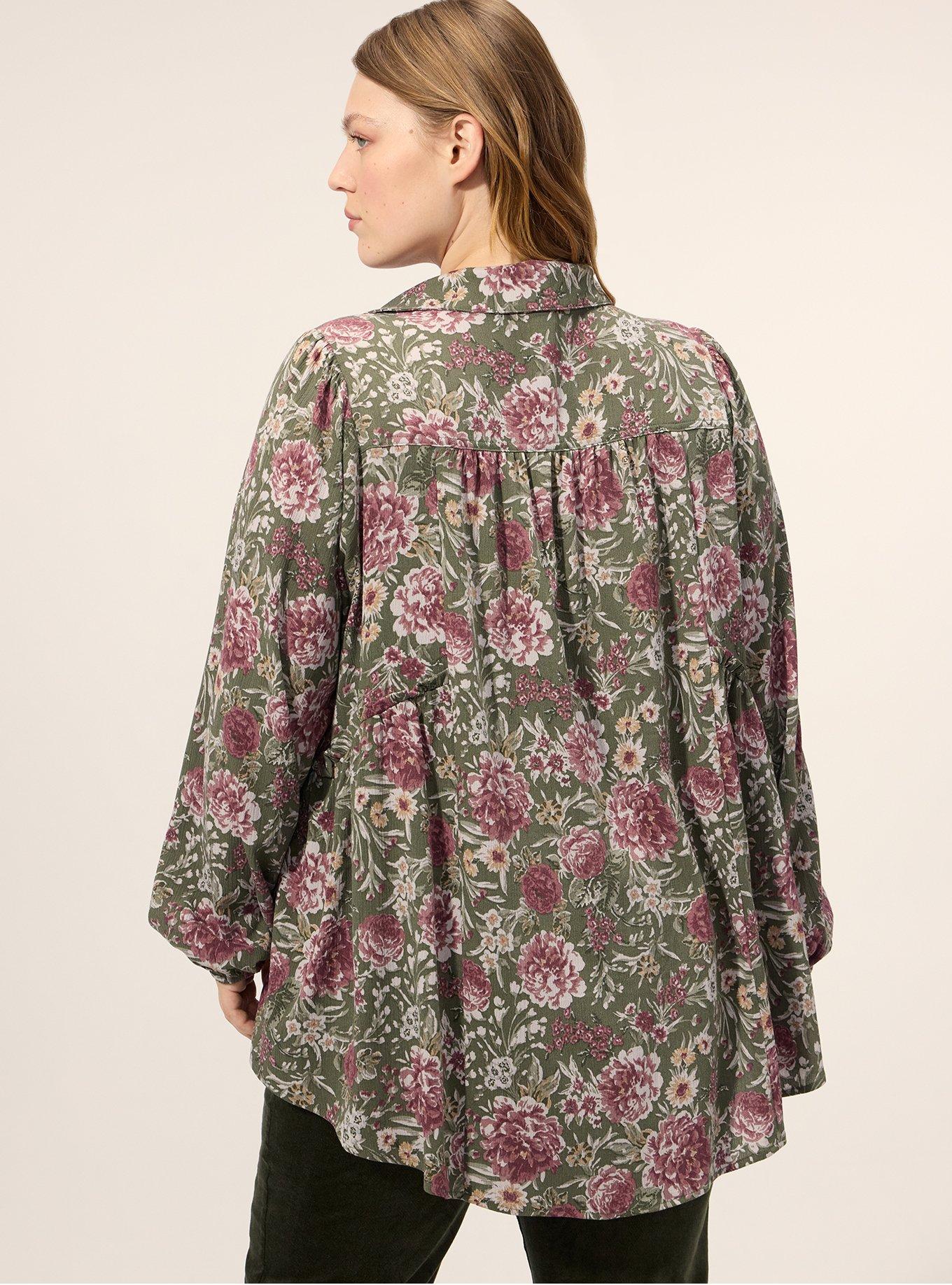 Plus Size Festi Pintuck Button-Up Blouse, ISA FLORAL OLIVE, alternate