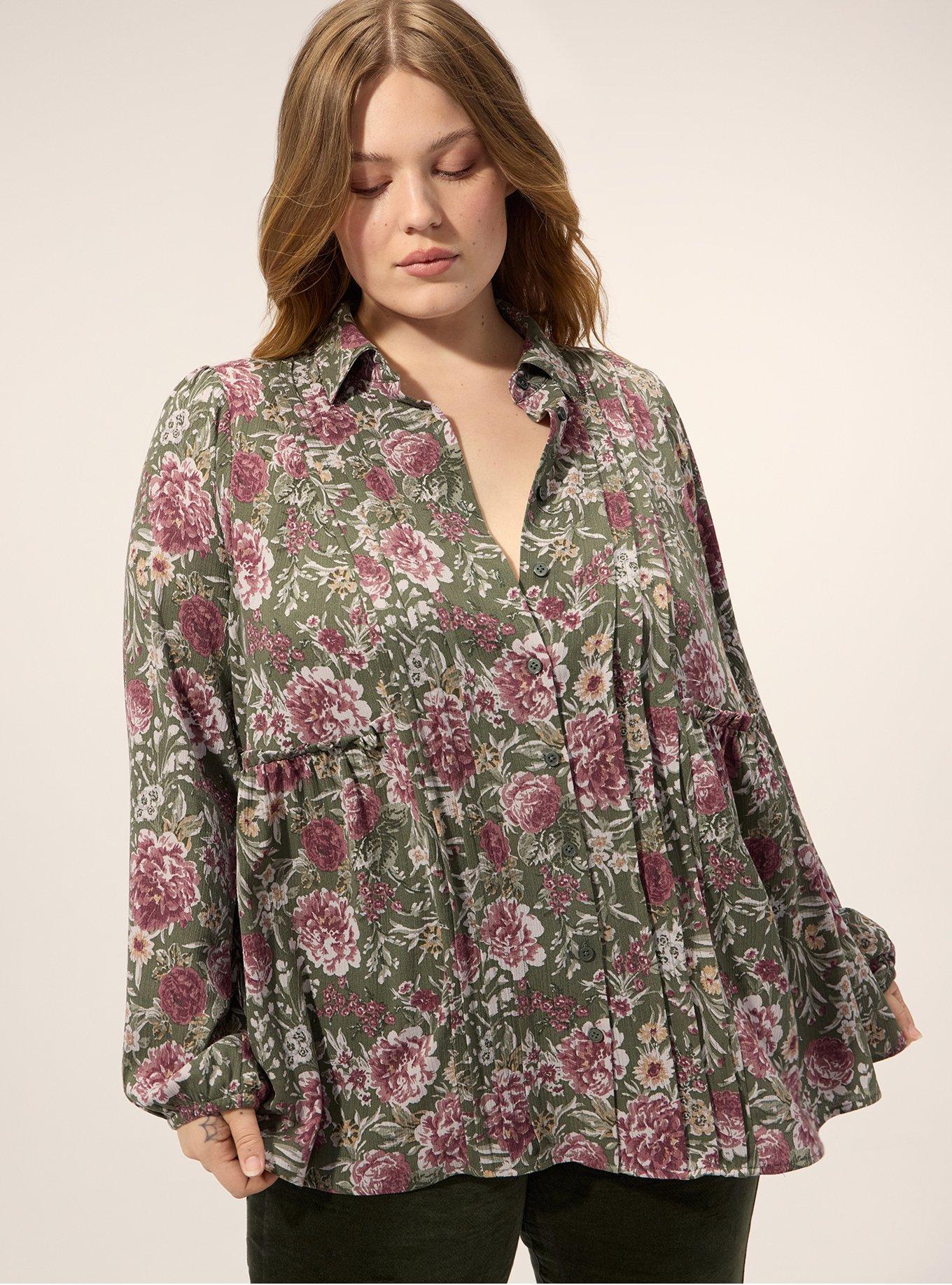 Plus Size Festi Pintuck Button-Up Blouse, ISA FLORAL OLIVE, alternate