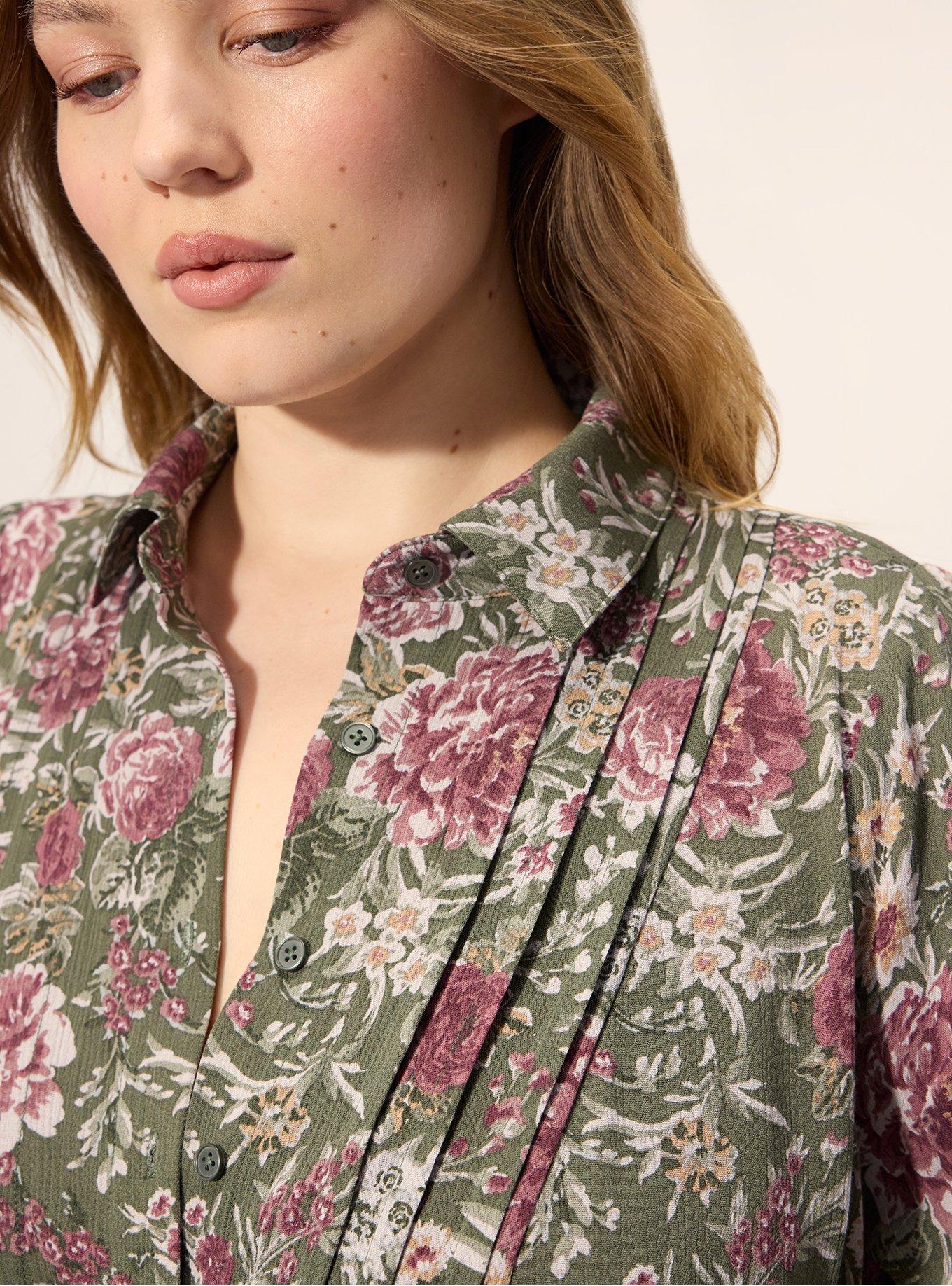 Plus Size Festi Pintuck Button-Up Blouse, ISA FLORAL OLIVE, alternate