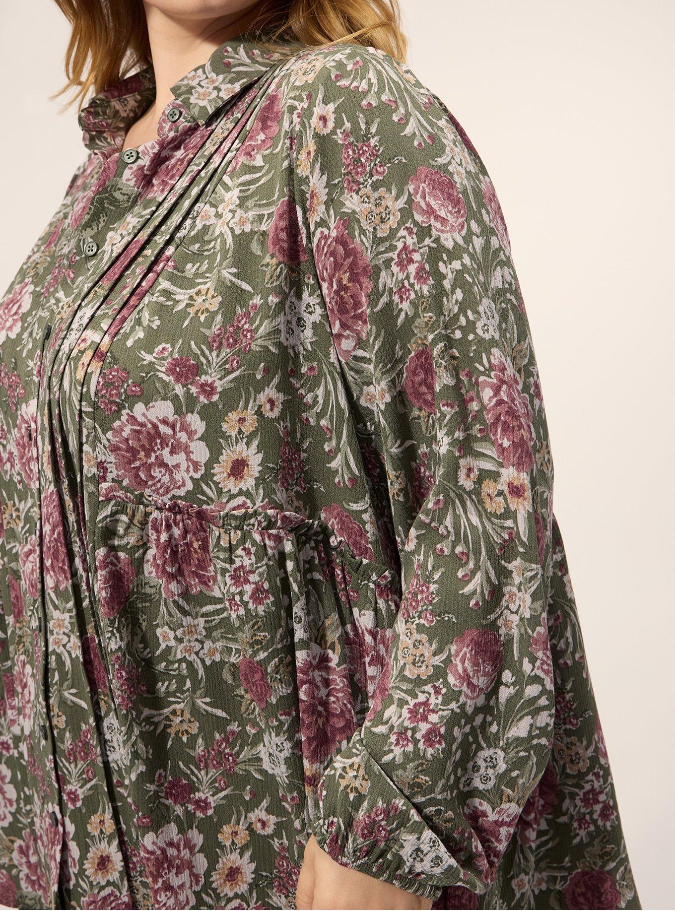 Plus Size Festi Pintuck Button-Up Blouse, ISA FLORAL OLIVE, alternate