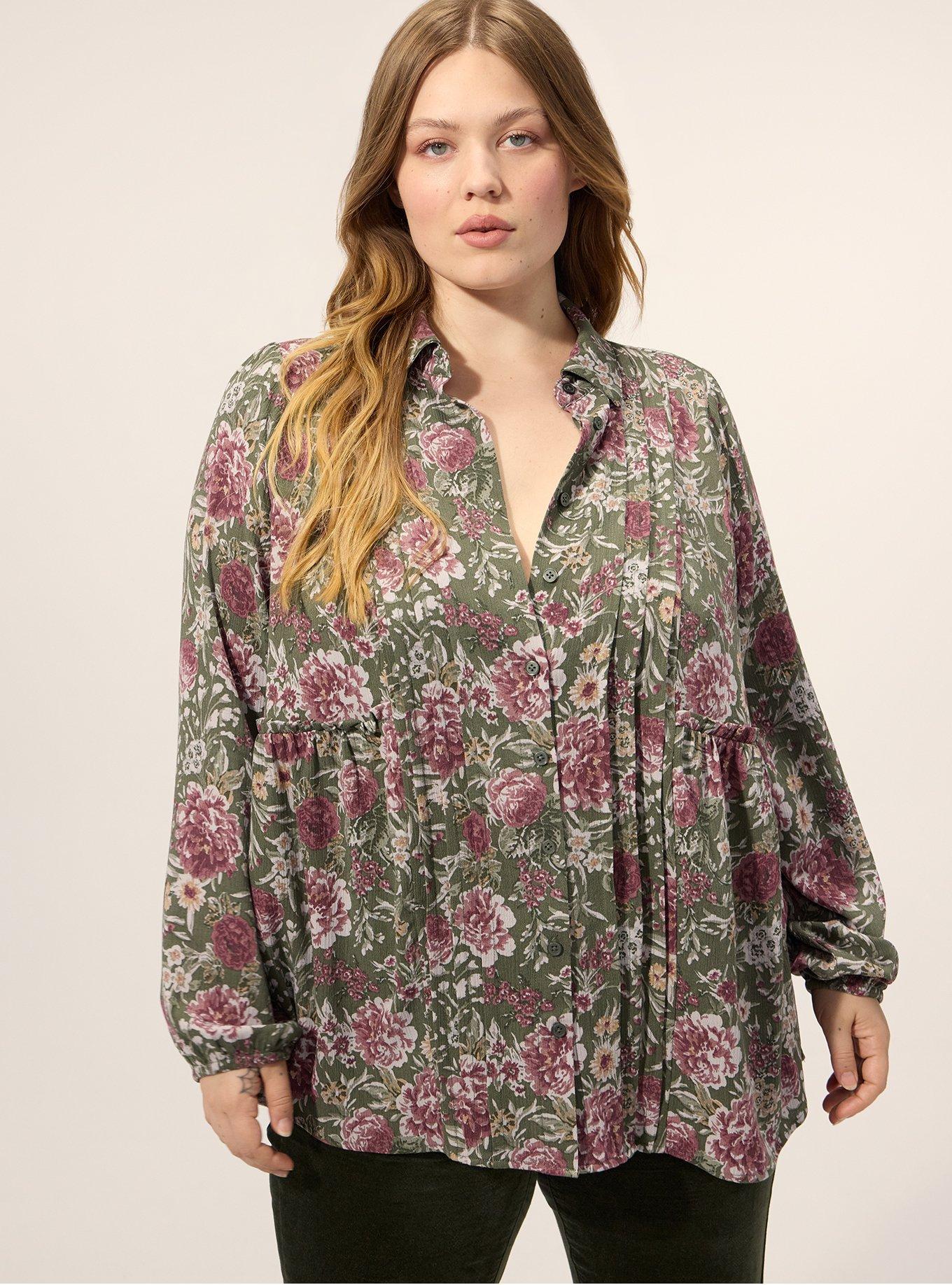 Plus Size Festi Pintuck Button-Up Blouse, ISA FLORAL OLIVE, hi-res