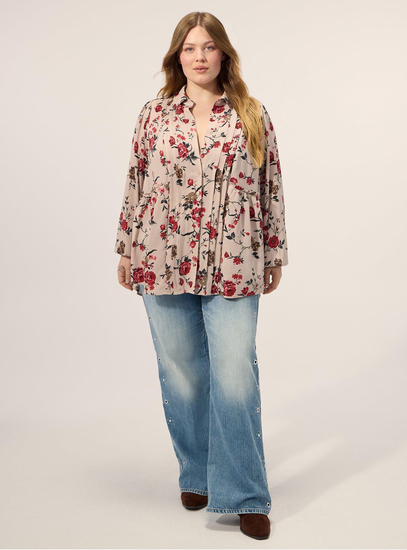 Festi Pintuck Button-Up Blouse, WILD WINTER ROSES FLORAL MUSHROOM, alternate
