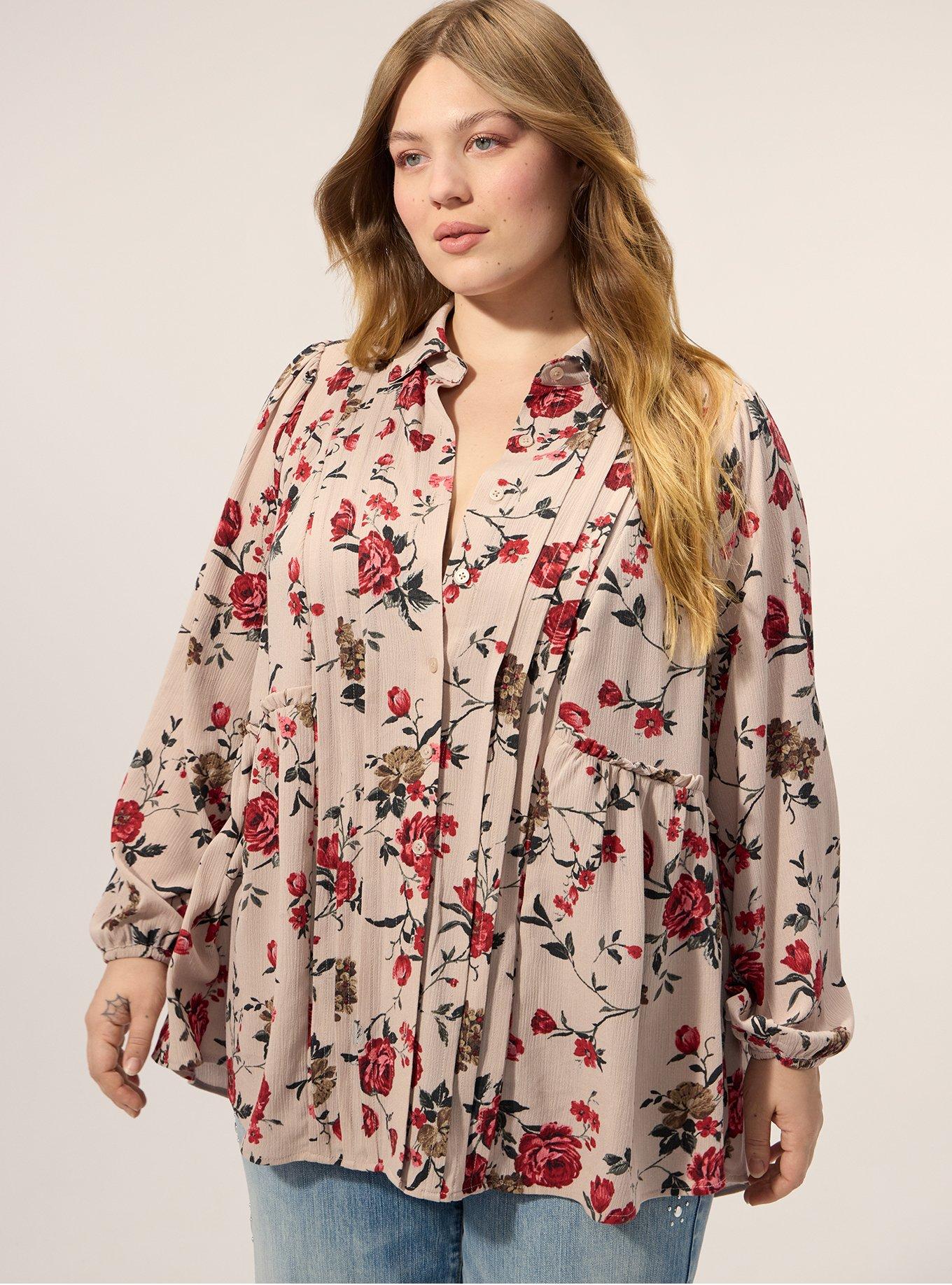 Festi Pintuck Button-Up Blouse, WILD WINTER ROSES FLORAL MUSHROOM, alternate
