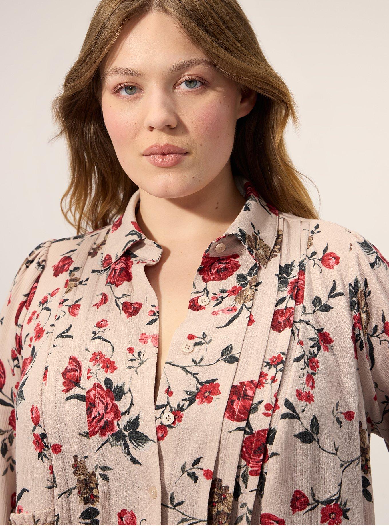 Festi Pintuck Button-Up Blouse, WILD WINTER ROSES FLORAL MUSHROOM, alternate