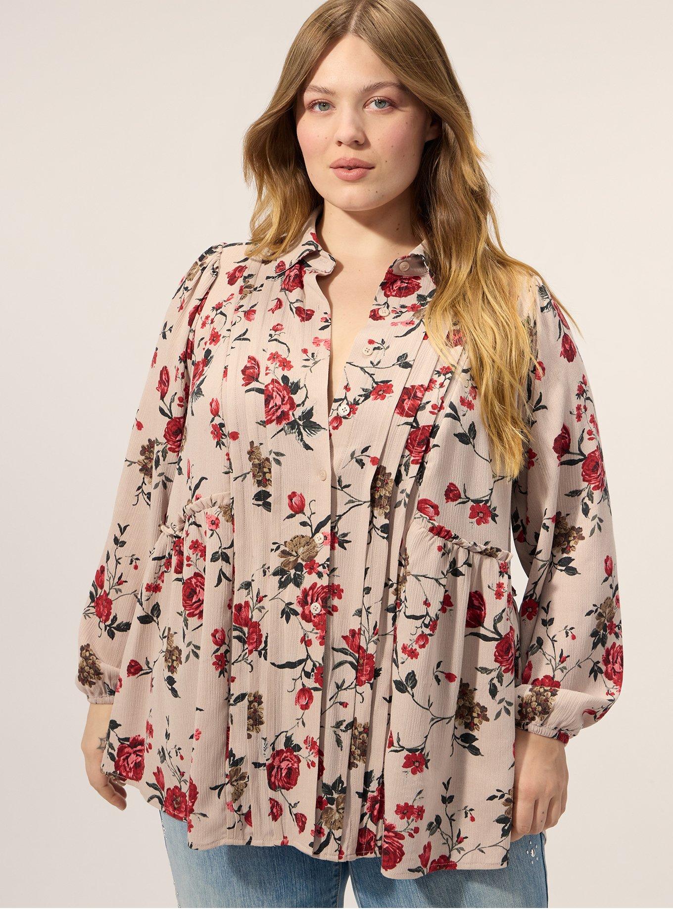 Festi Pintuck Button-Up Blouse, WILD WINTER ROSES FLORAL MUSHROOM, hi-res