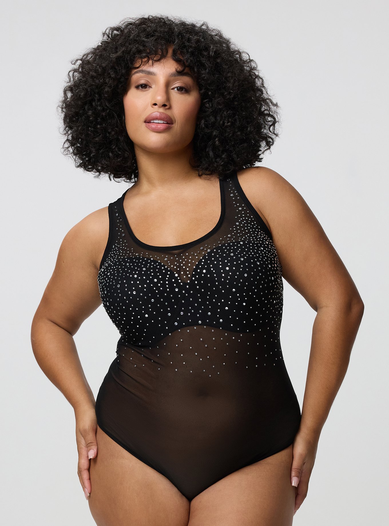 Studio Mesh Rhinestone Bodysuit, DEEP BLACK, alternate