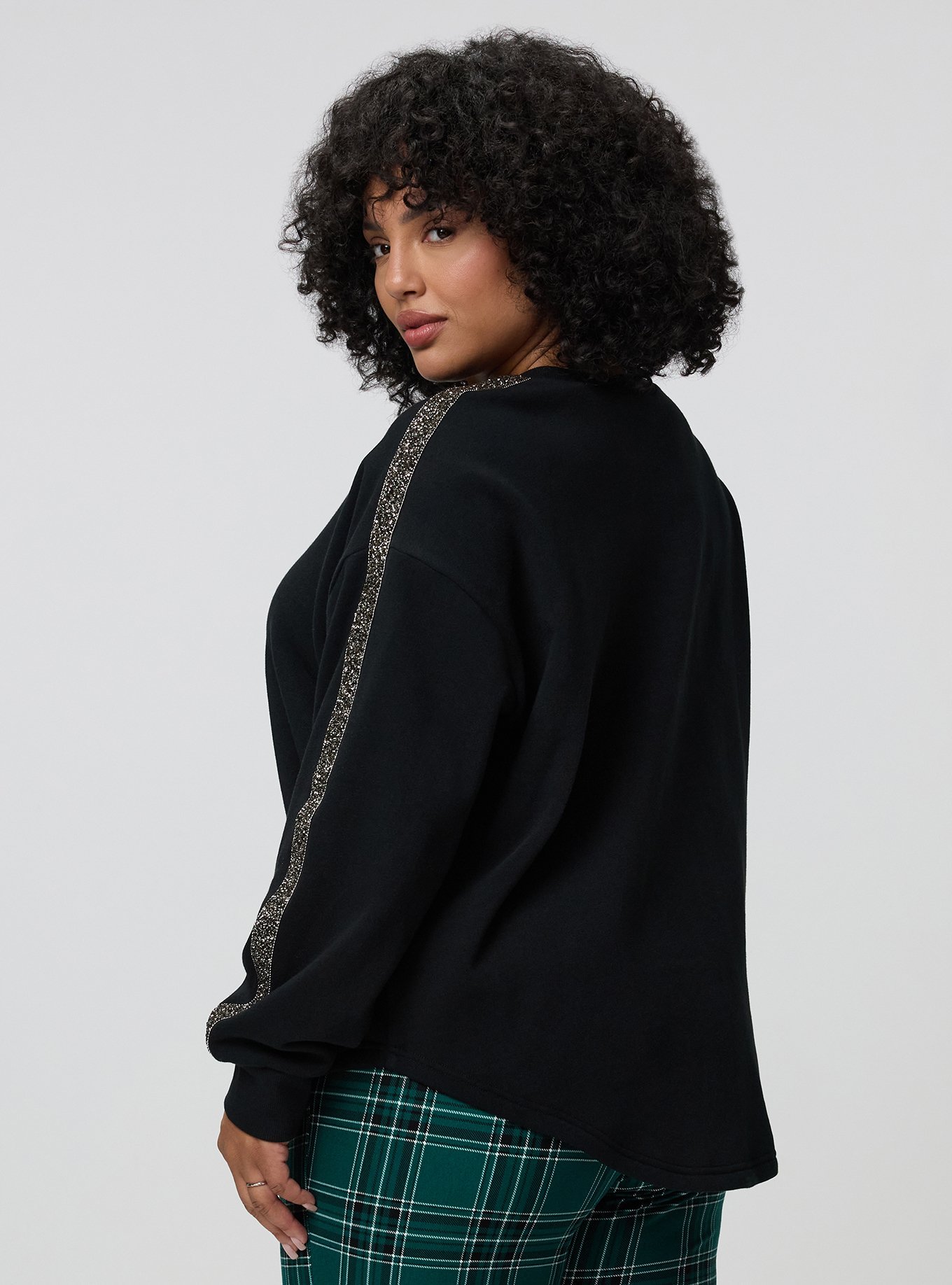 Cozy Fleece Varsity Shirttail Tunic Sweatshirt, DEEP BLACK, alternate