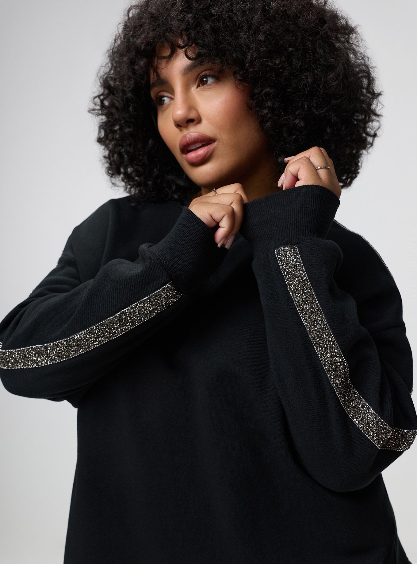 Cozy Fleece Varsity Shirttail Tunic Sweatshirt, DEEP BLACK, alternate