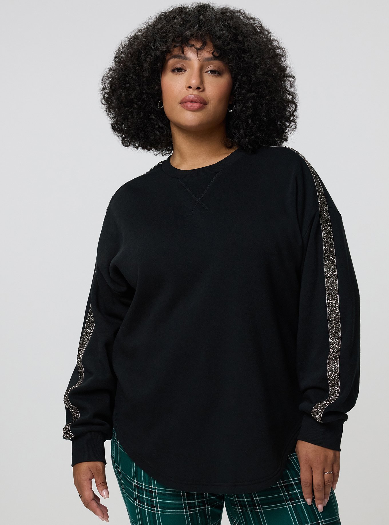 Cozy Fleece Varsity Shirttail Tunic Sweatshirt, DEEP BLACK, hi-res