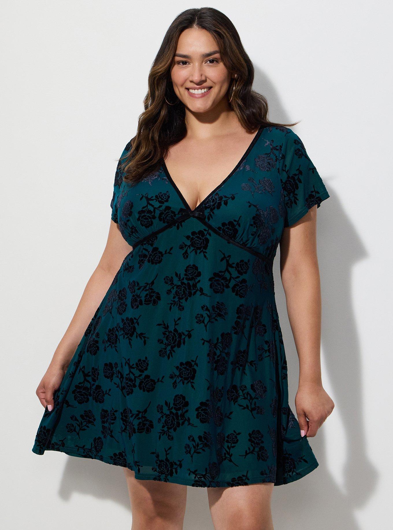 LoveSick Flocked Mesh Skater Mini Dress, GAIL SILHOUETTE FLORAL TEAL, hi-res