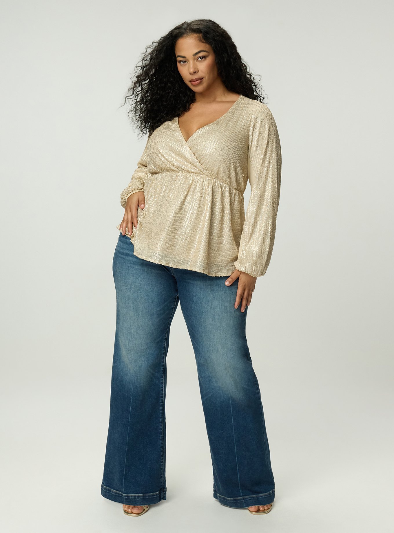 Long Sleeve Sequin Blouse, FROSTED ALMOND, alternate