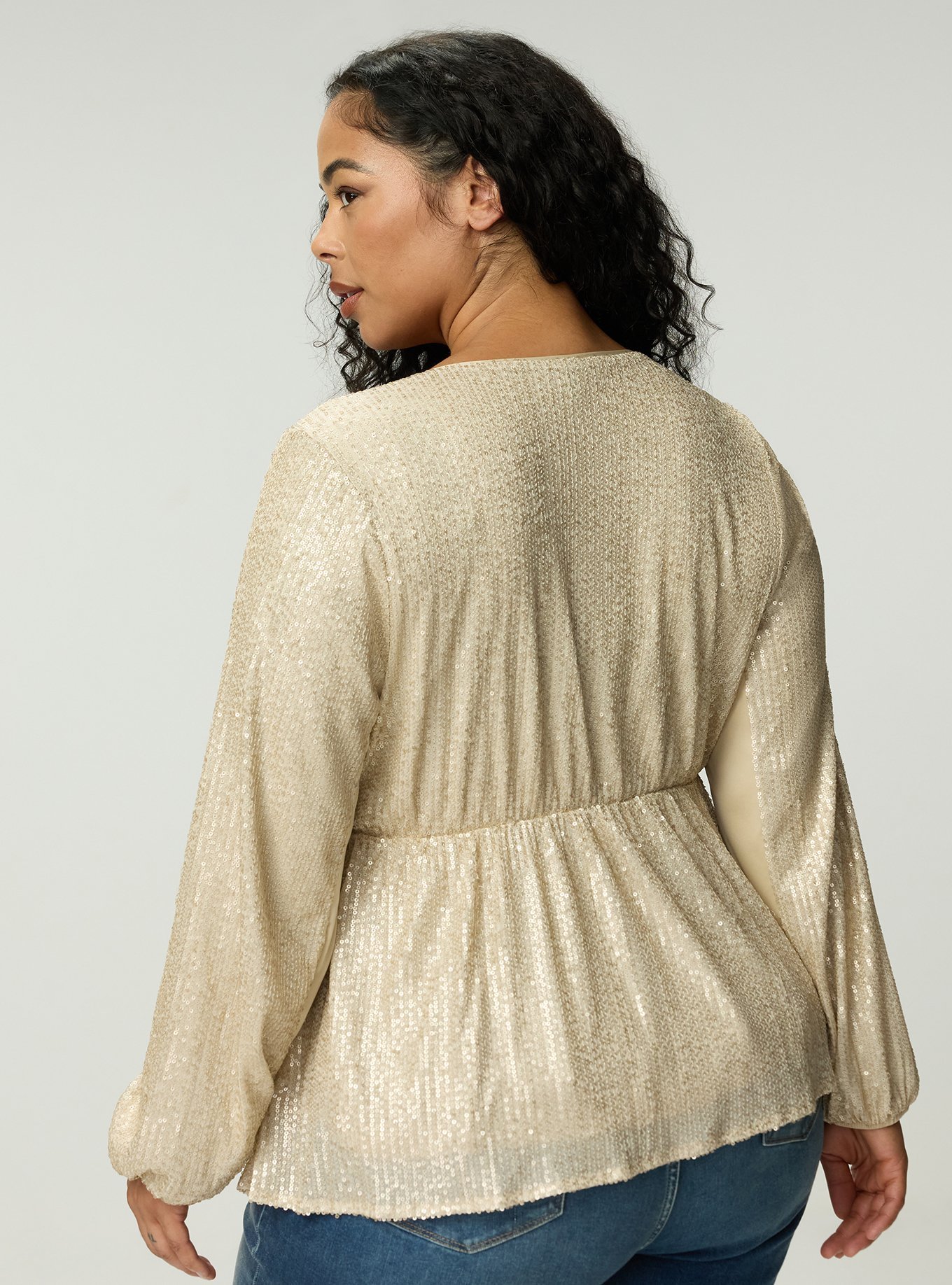 Long Sleeve Sequin Blouse, FROSTED ALMOND, alternate