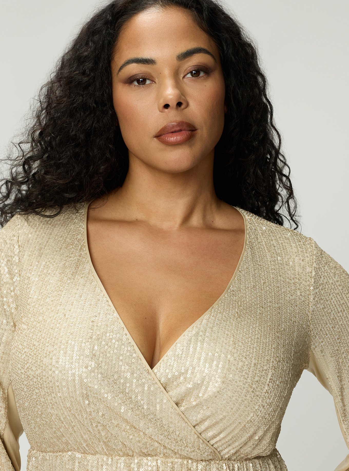 Long Sleeve Sequin Blouse, FROSTED ALMOND, alternate
