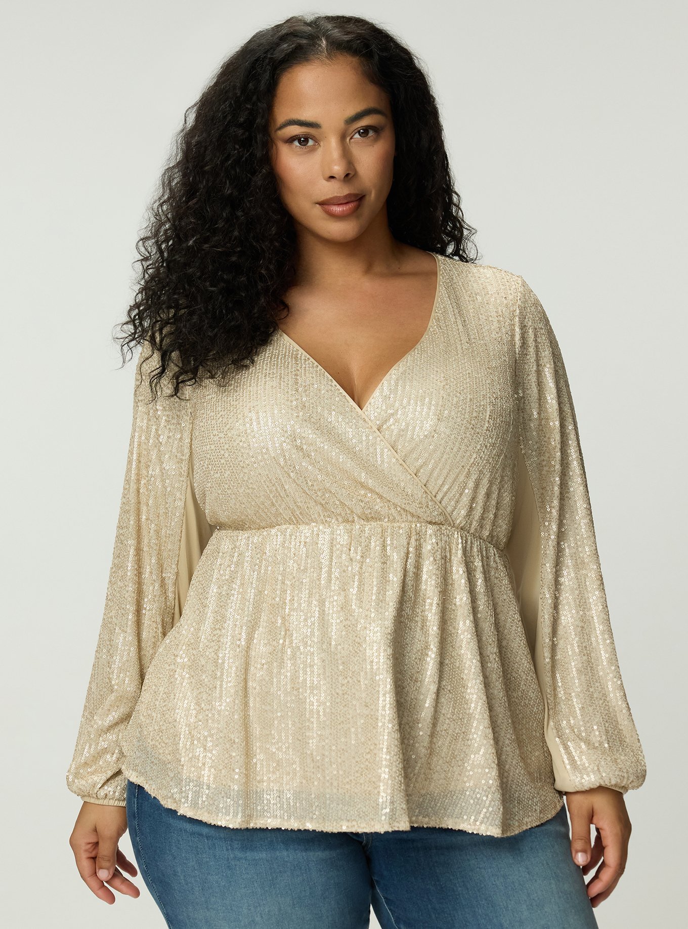 Long Sleeve Sequin Blouse, FROSTED ALMOND, alternate