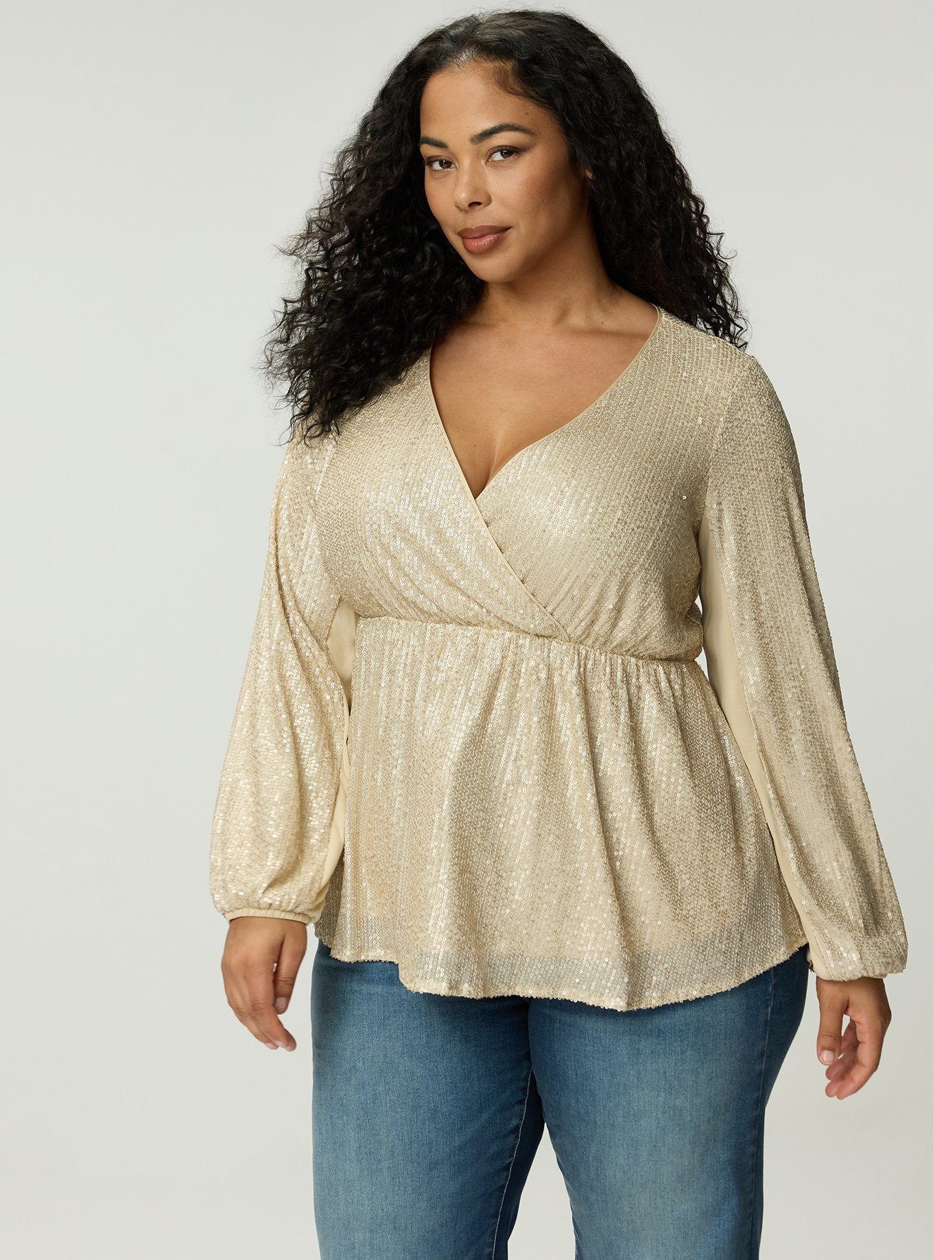 Long Sleeve Sequin Blouse, FROSTED ALMOND, hi-res