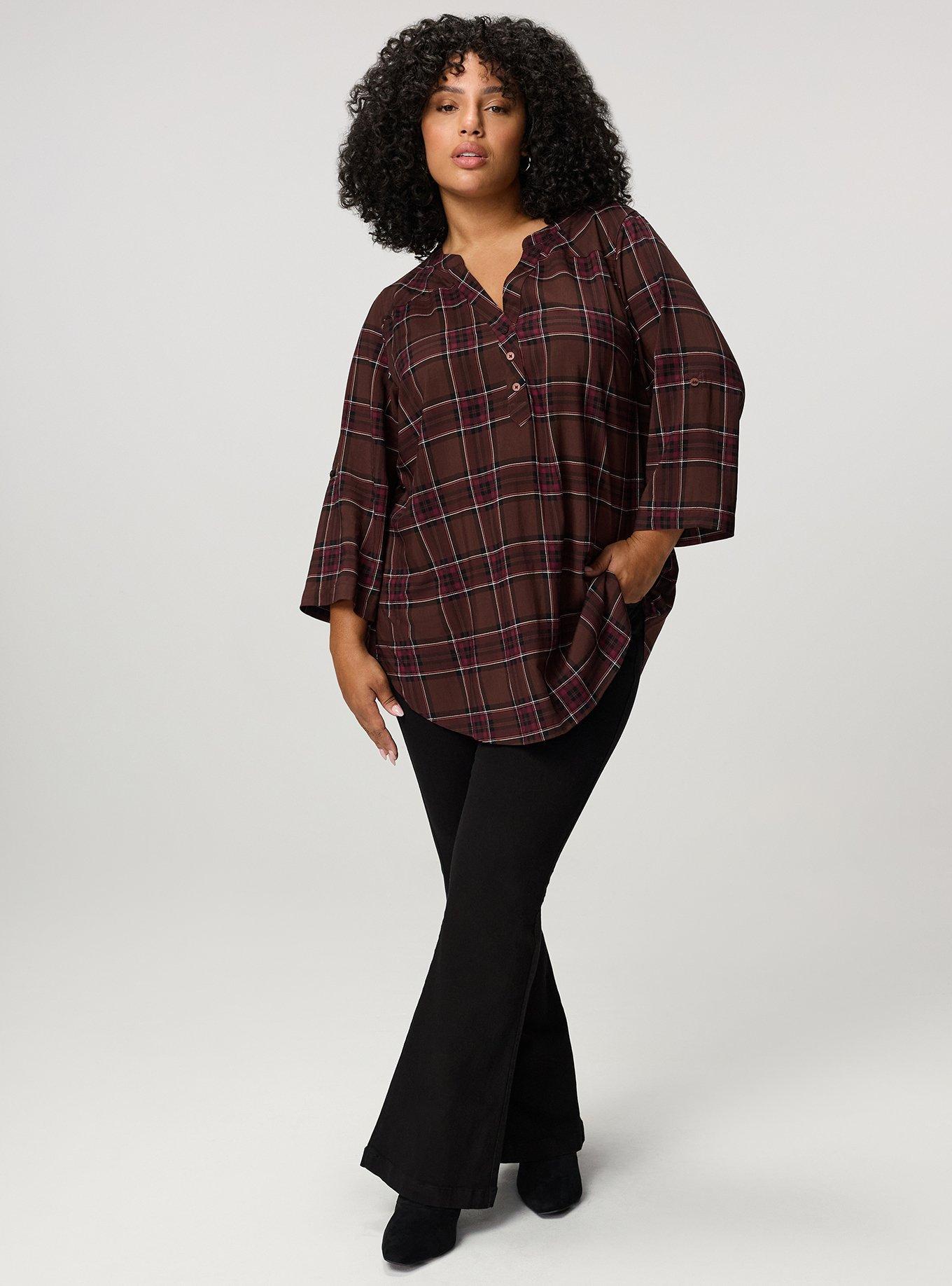 Harper 3/4 Sleeve Pullover Tunic Top, NEO PINKY PLAID BROWN, alternate