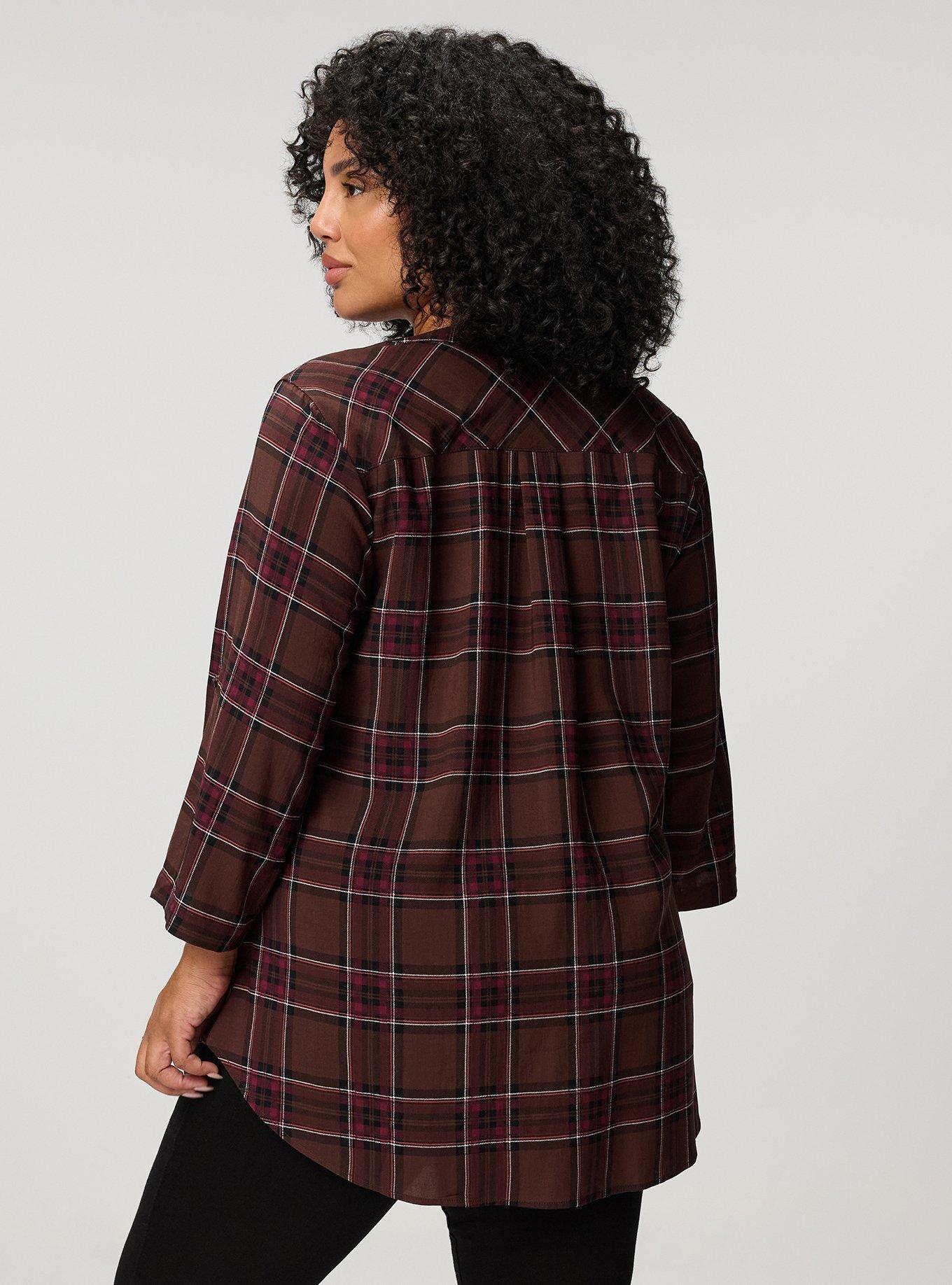 Harper 3/4 Sleeve Pullover Tunic Top, NEO PINKY PLAID BROWN, alternate