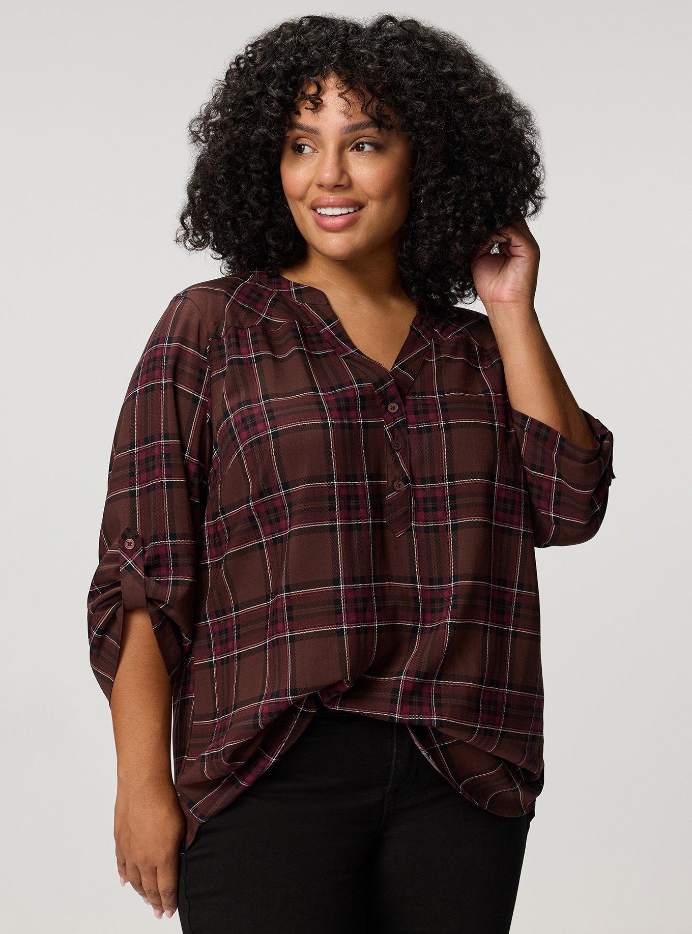 Harper 3/4 Sleeve Pullover Tunic Top, NEO PINKY PLAID BROWN, alternate