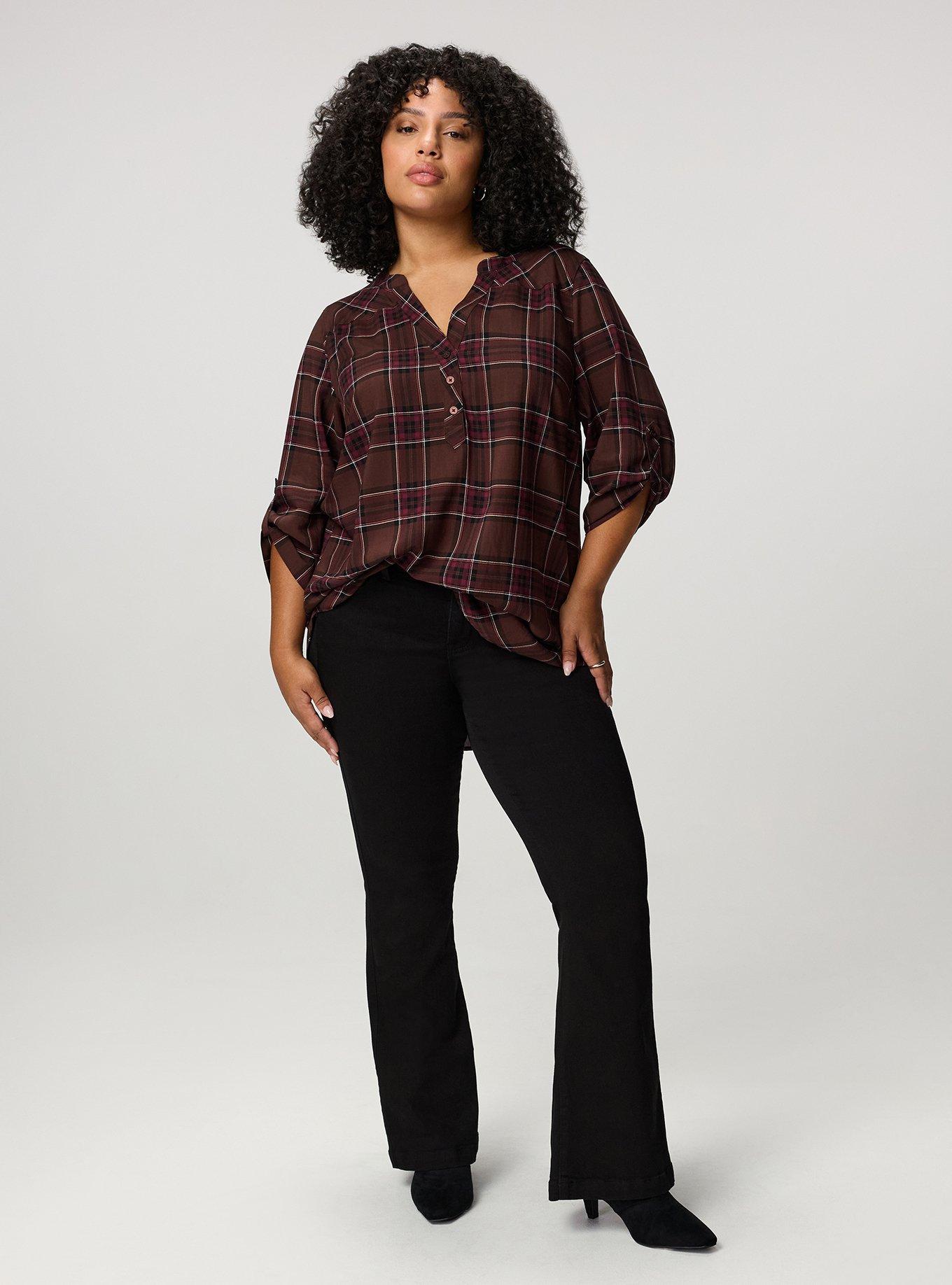 Harper 3/4 Sleeve Pullover Tunic Top, NEO PINKY PLAID BROWN, alternate