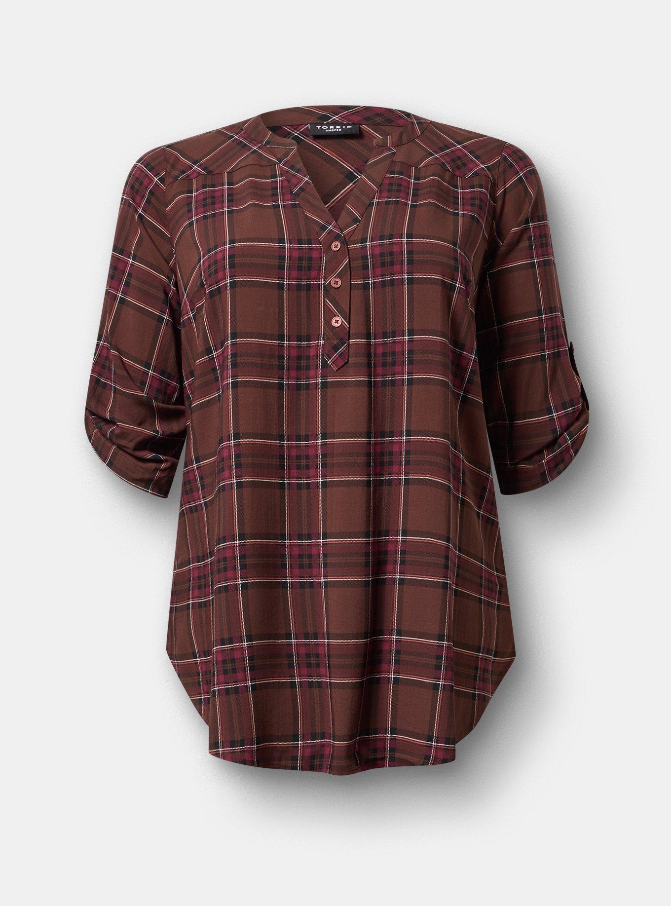 Harper 3/4 Sleeve Pullover Tunic Top, NEO PINKY PLAID BROWN, flat