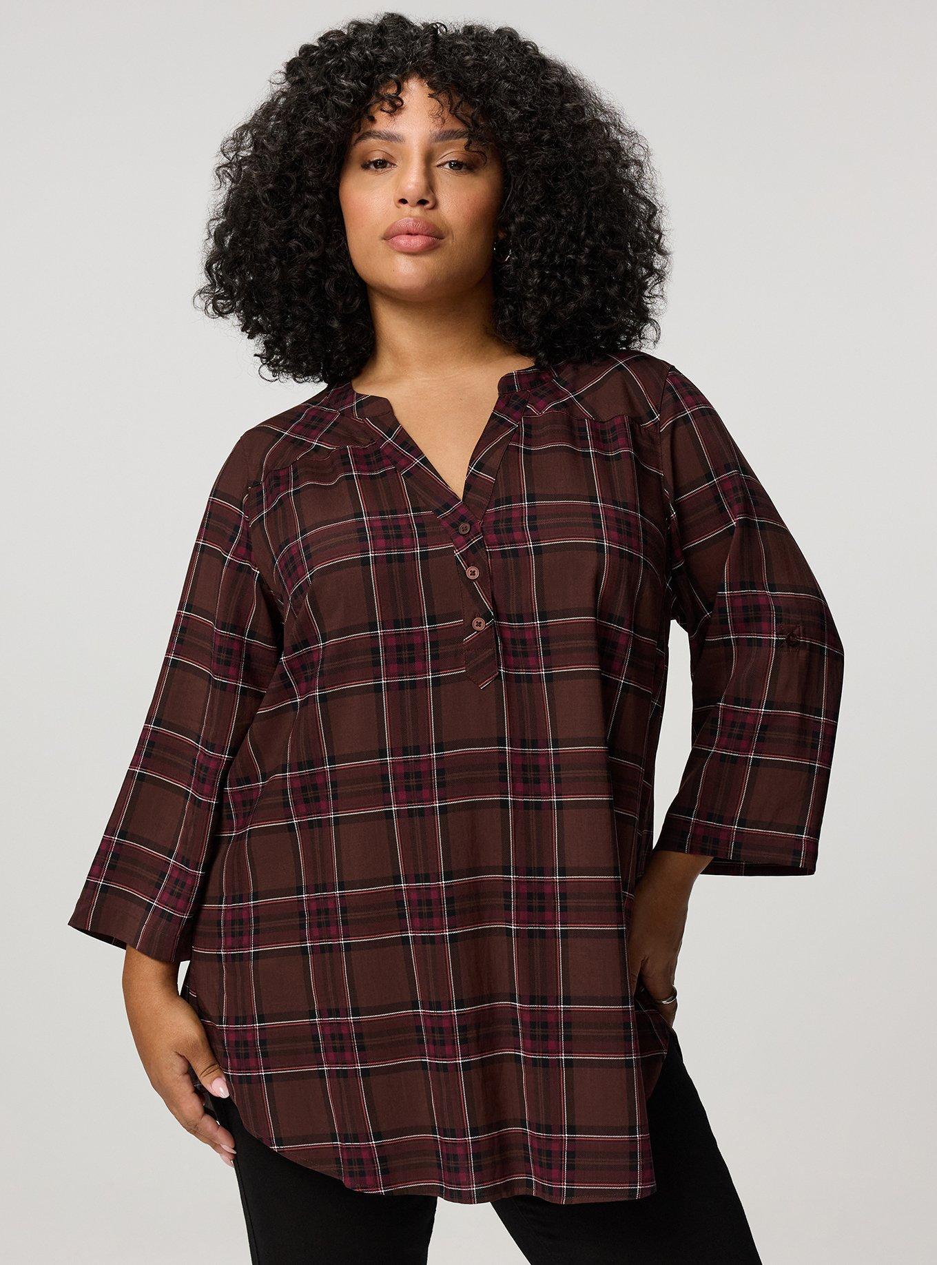 Harper 3/4 Sleeve Pullover Tunic Top, NEO PINKY PLAID BROWN, hi-res