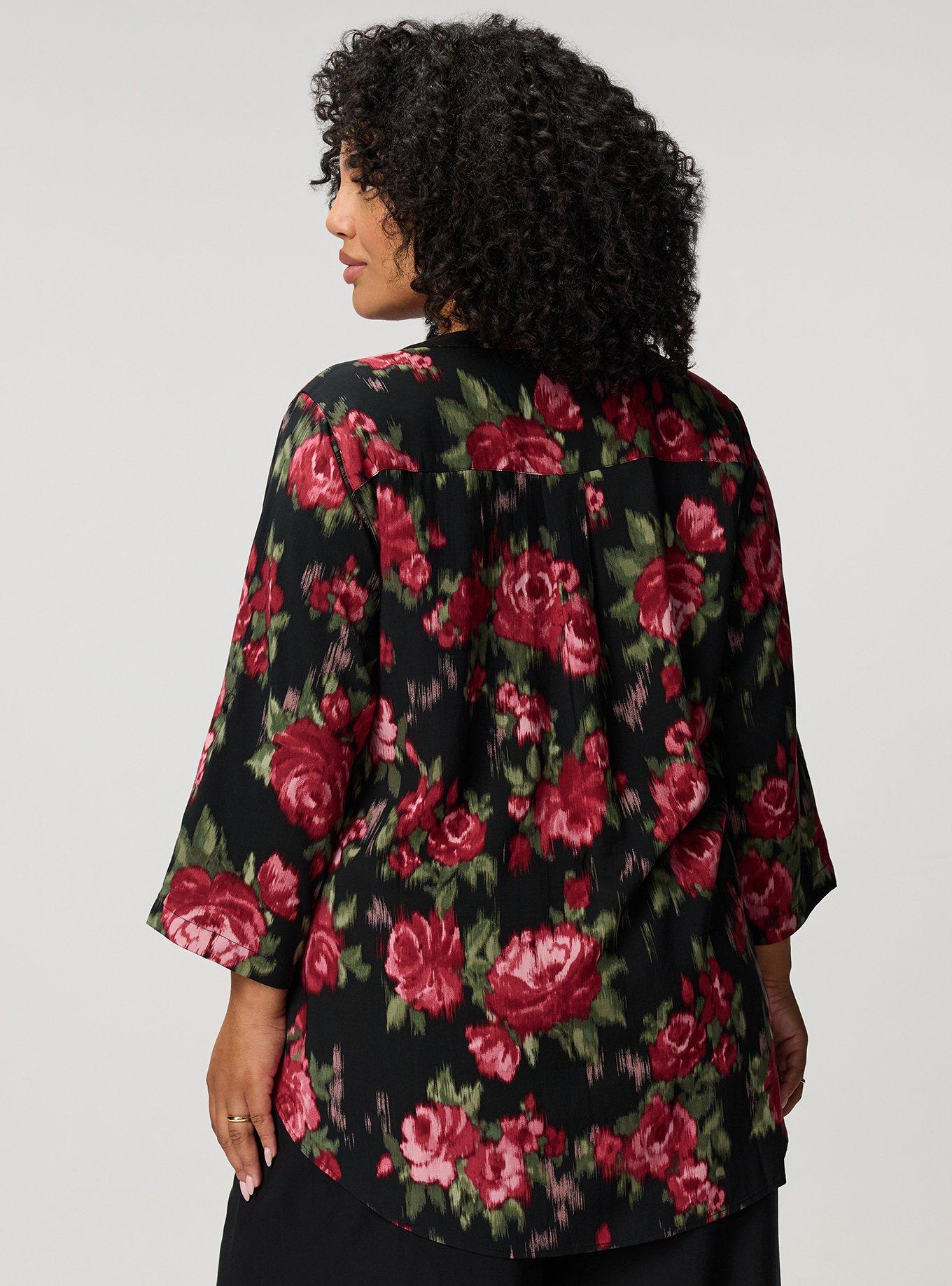 Harper 3/4 Sleeve Pullover Tunic Top, BLURRED WALLPAPER ROSES FLORAL BLACK, alternate