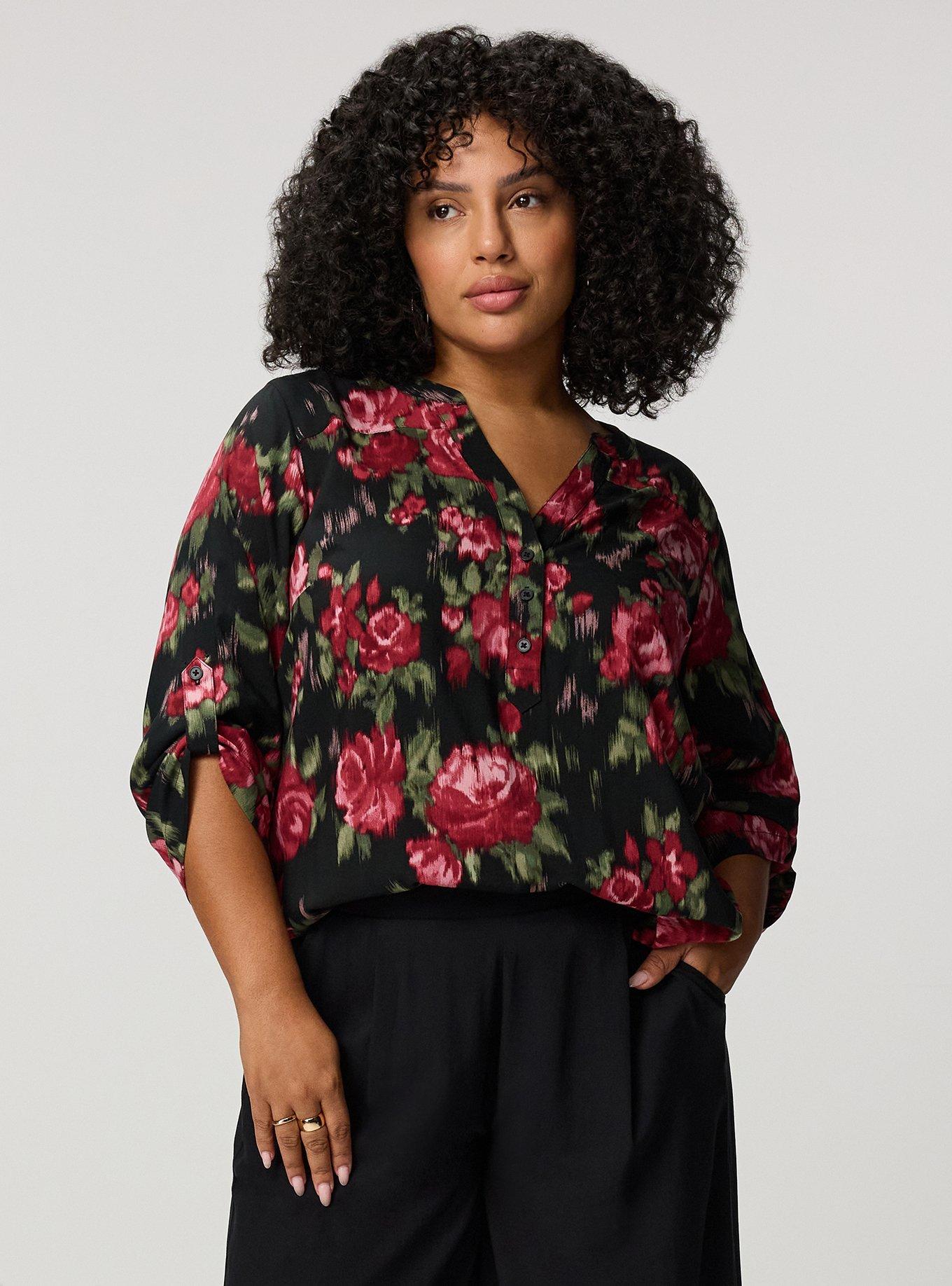 Harper 3/4 Sleeve Pullover Tunic Top, BLURRED WALLPAPER ROSES FLORAL BLACK, alternate