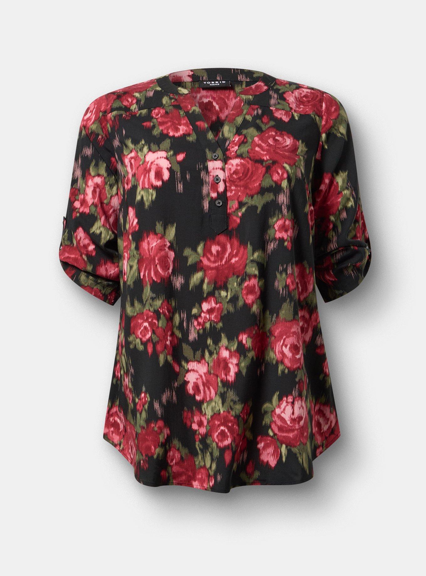 Harper 3/4 Sleeve Pullover Tunic Top, BLURRED WALLPAPER ROSES FLORAL BLACK, flat