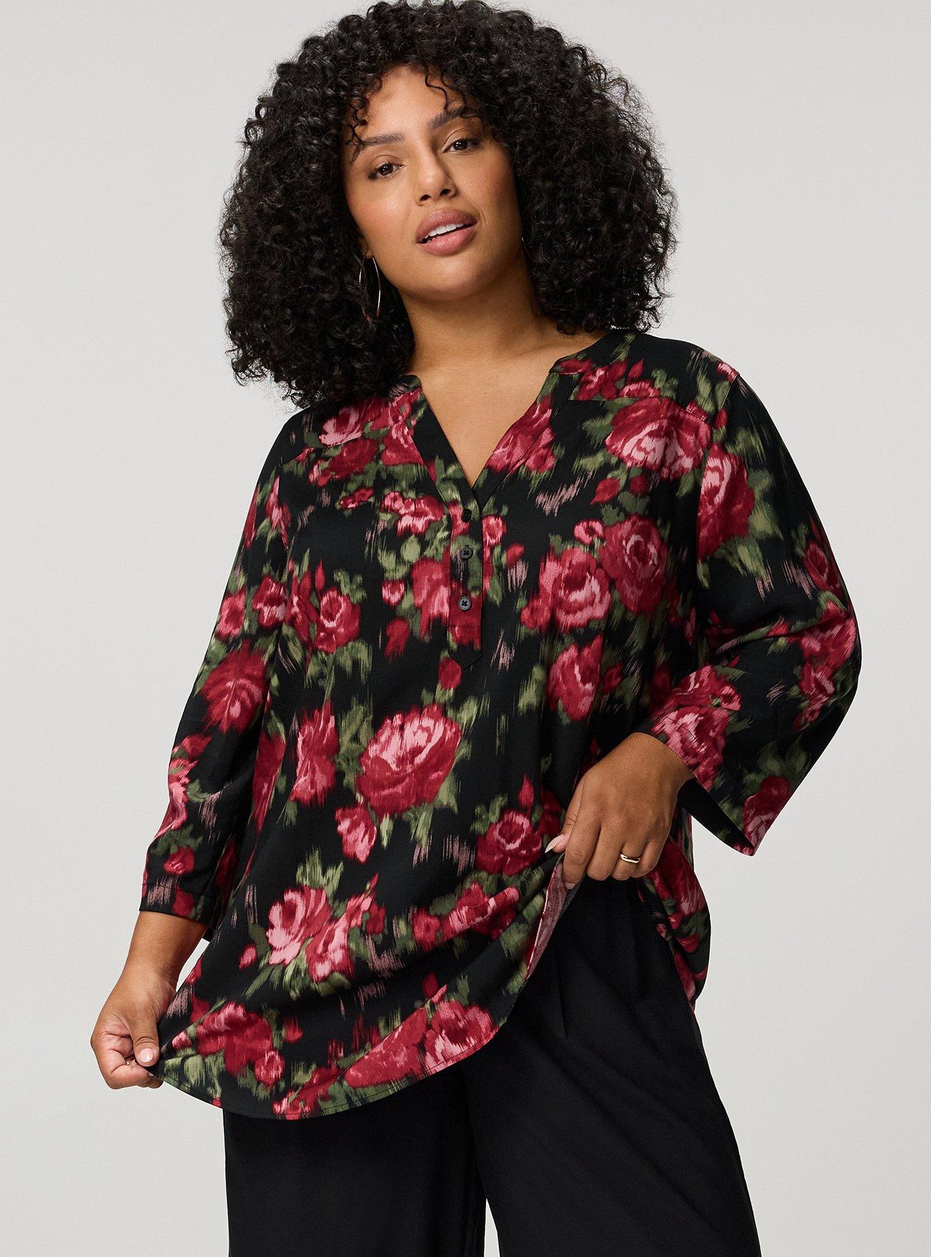 Harper 3/4 Sleeve Pullover Tunic Top, BLURRED WALLPAPER ROSES FLORAL BLACK, hi-res