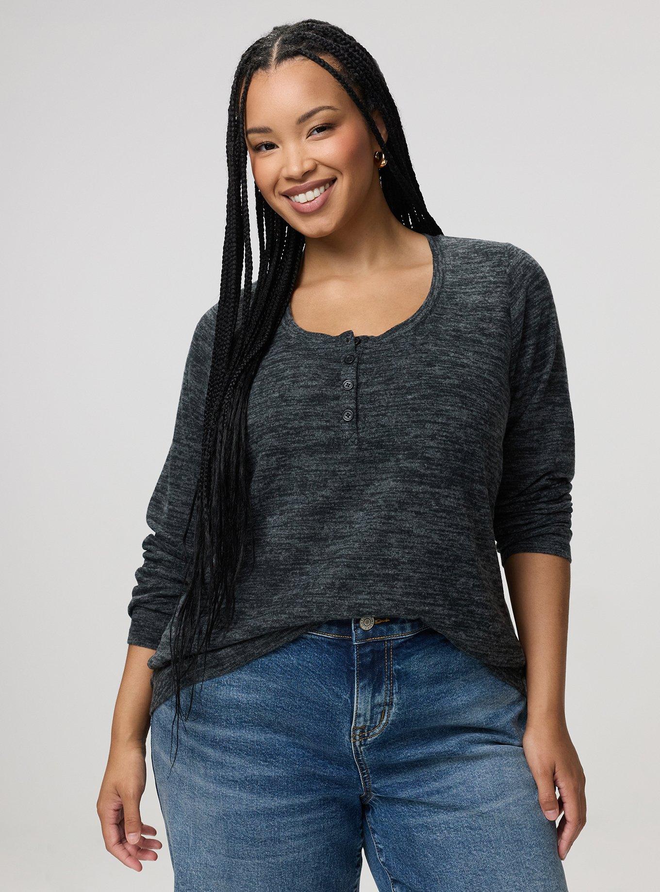 Super Soft Plush Henley Sweatshirt, DEEP BLACK, alternate