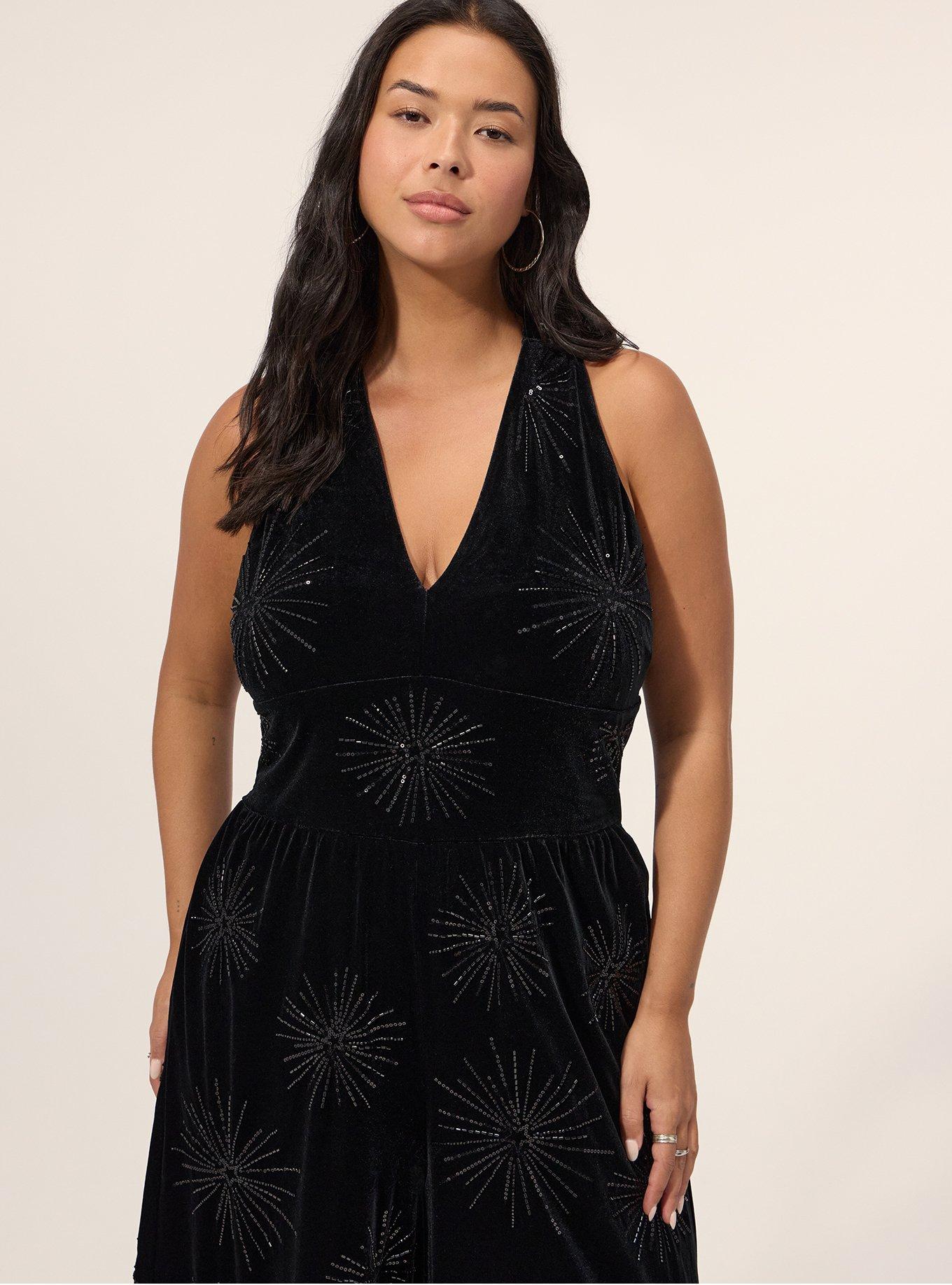Plus Size Festi Embellished Velour Halter Jumpsuit, DEEP BLACK, alternate