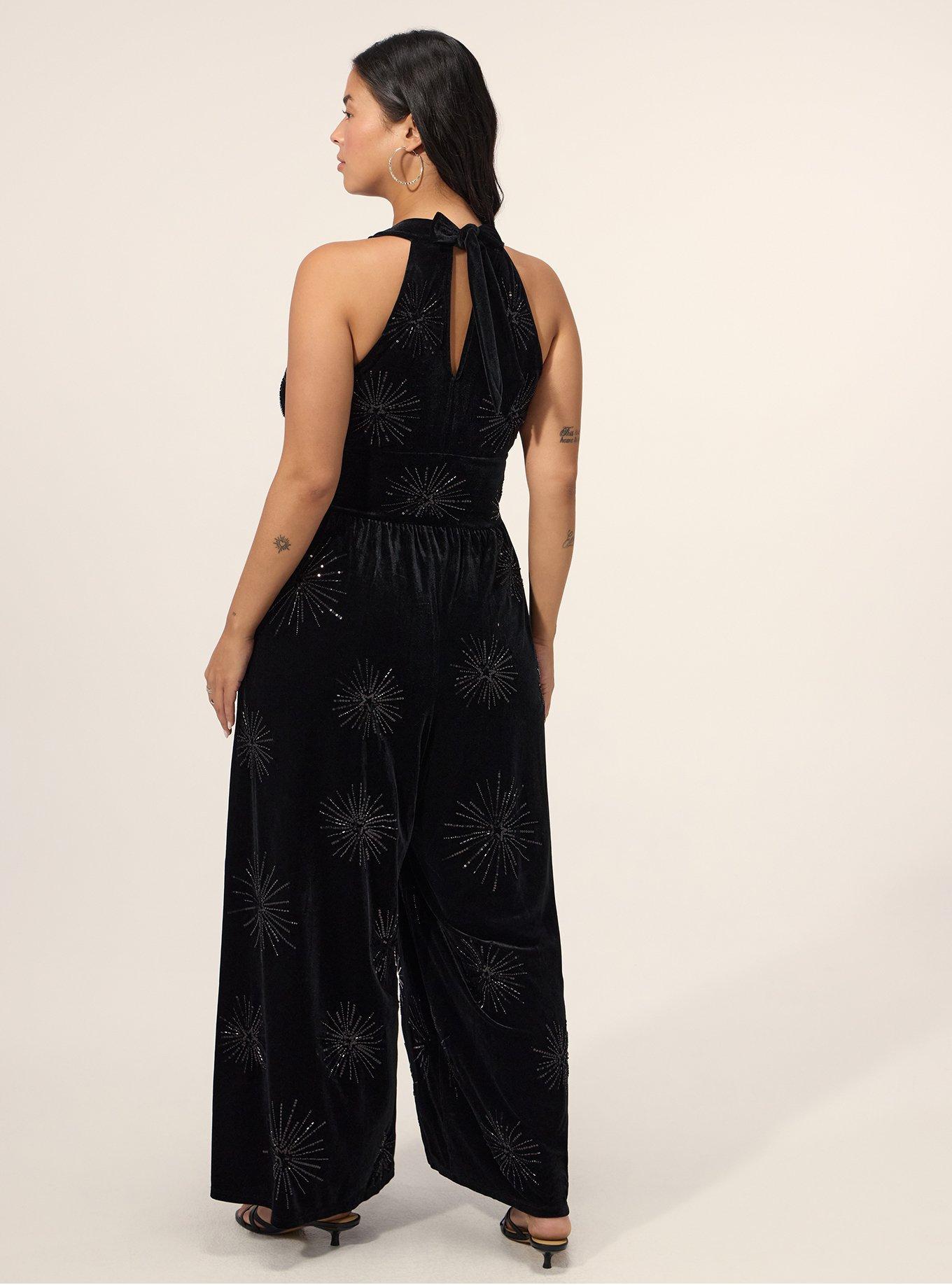 Plus Size Festi Embellished Velour Halter Jumpsuit, DEEP BLACK, alternate