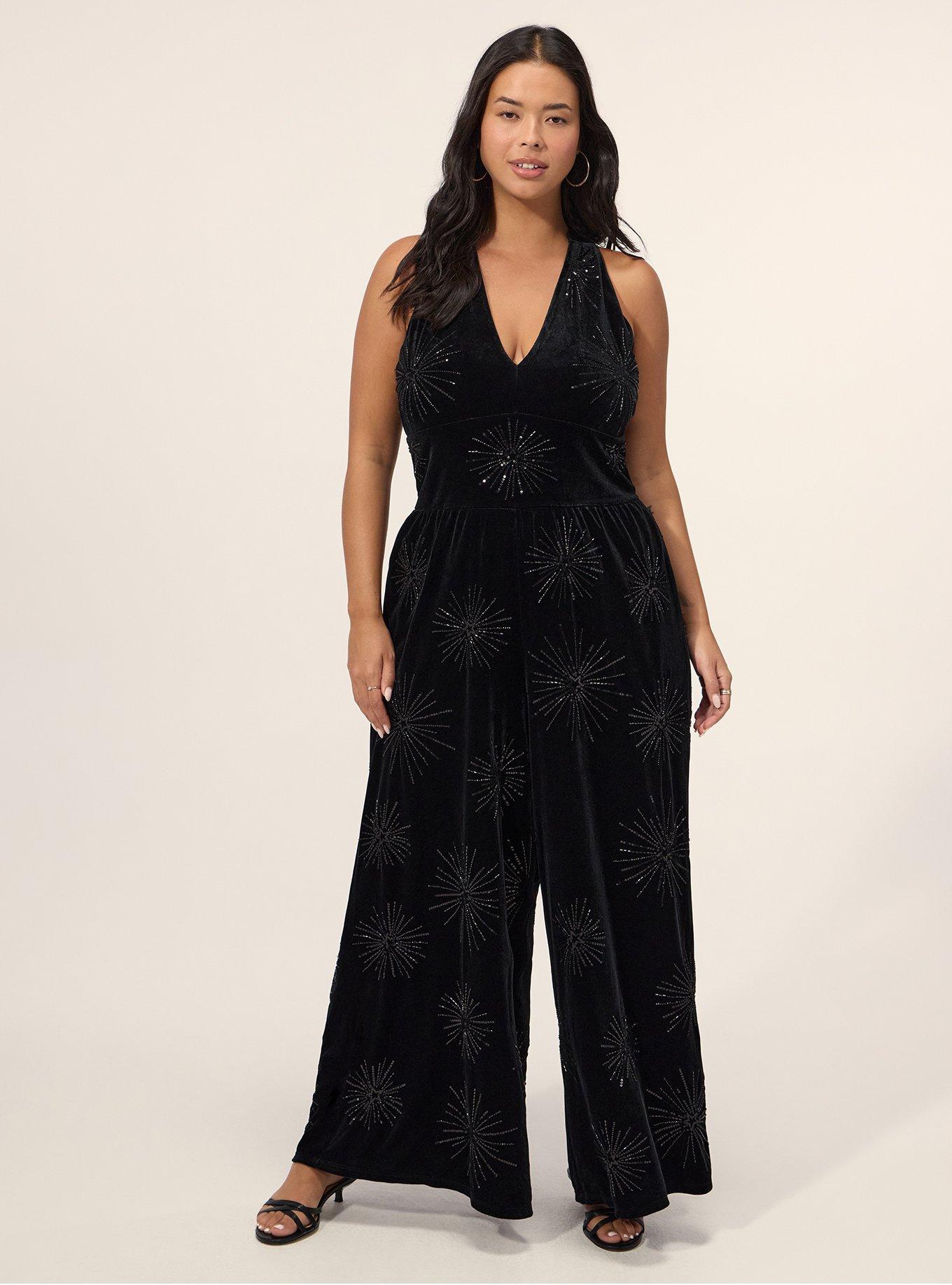 Plus Size Festi Embellished Velour Halter Jumpsuit, DEEP BLACK, alternate