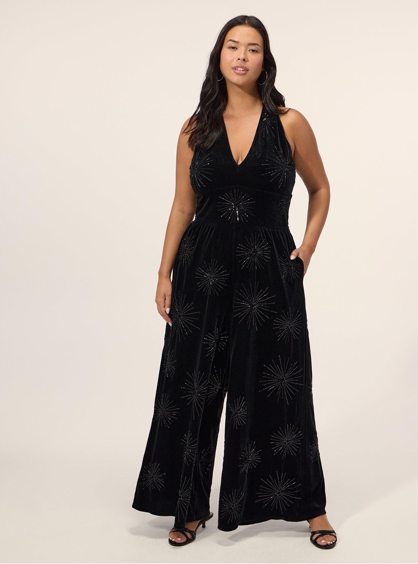 Plus Size Festi Embellished Velour Halter Jumpsuit, DEEP BLACK, hi-res