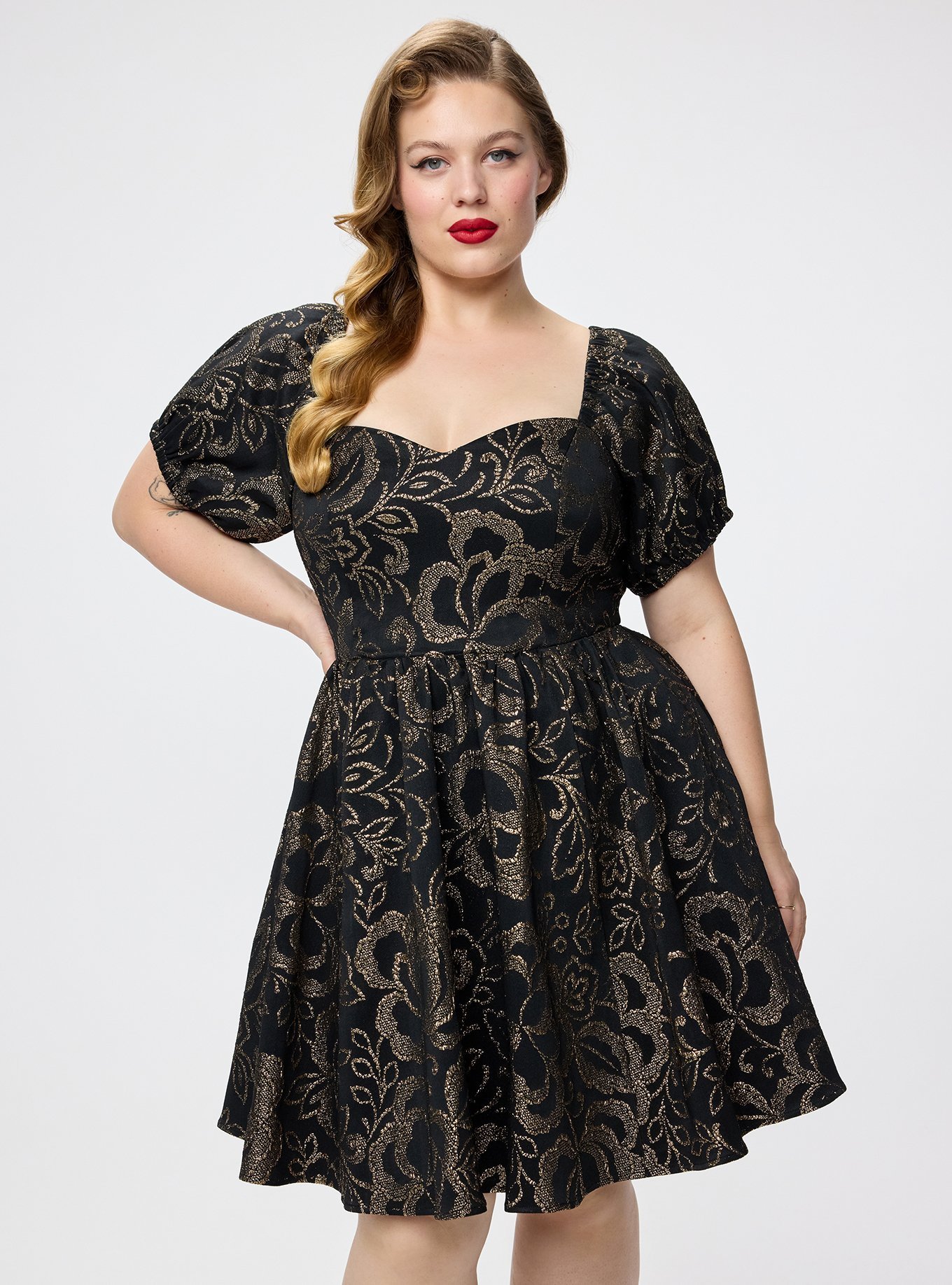 Retro Chic Puff Sleeve Sweetheart Swing Dress, TRIN LACE FLORAL GOLD, alternate