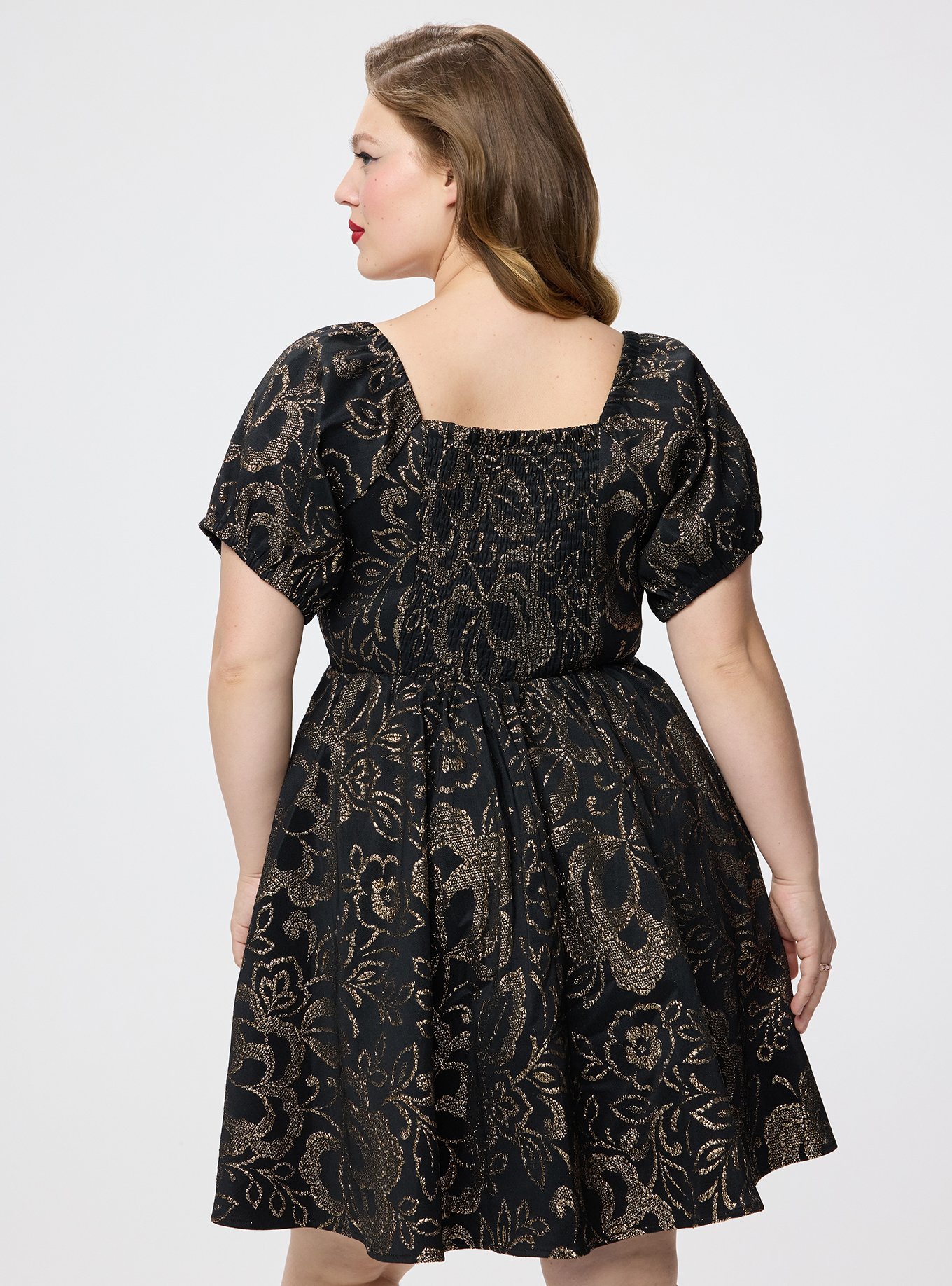 Retro Chic Puff Sleeve Sweetheart Swing Dress, TRIN LACE FLORAL GOLD, alternate