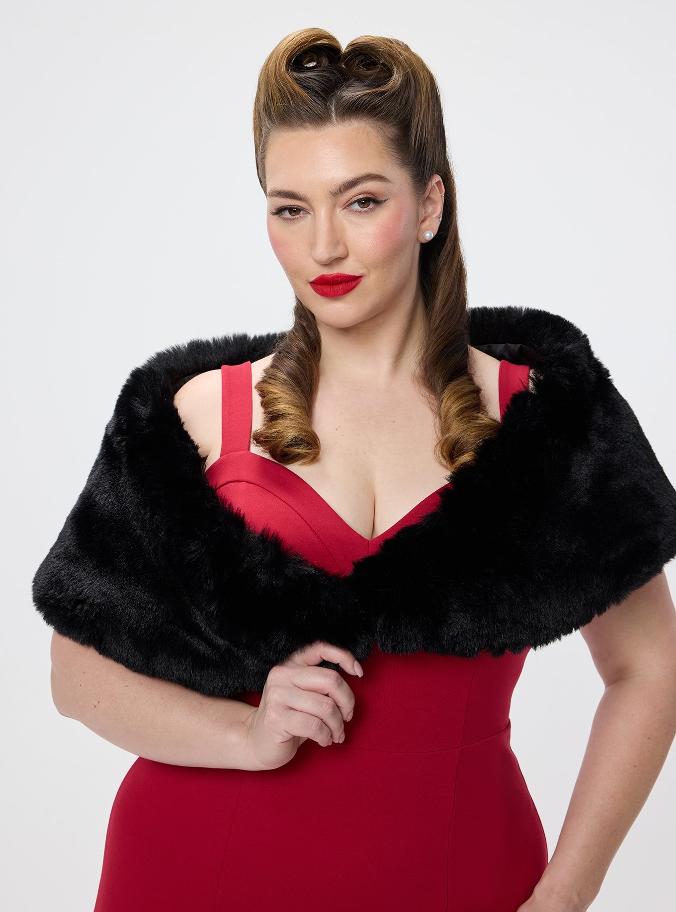 Retro Chic Faux Fur Stole, DEEP BLACK, hi-res