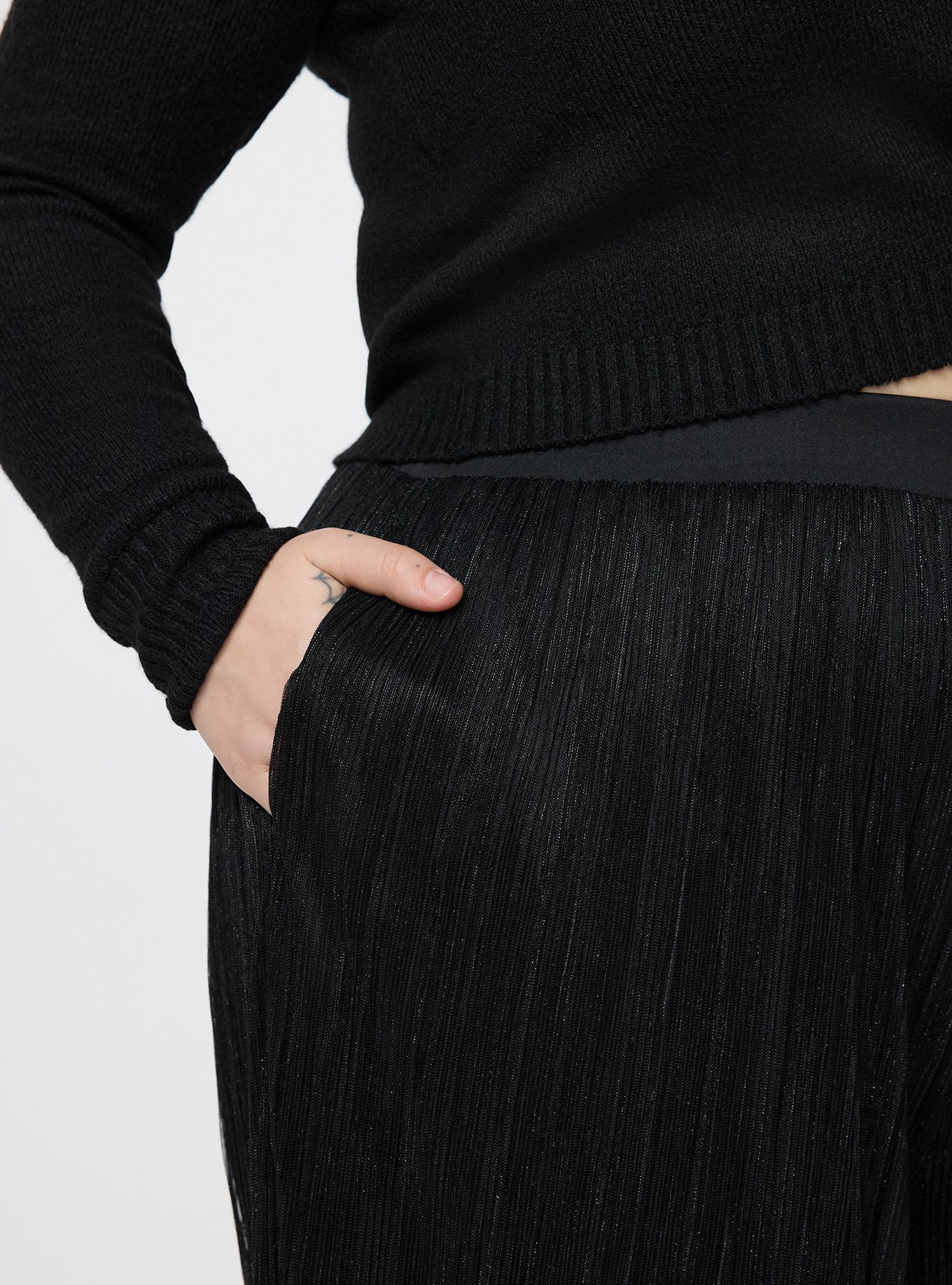 Retro Chic Wide Leg Plisse Glitter Pant, DEEP BLACK, alternate