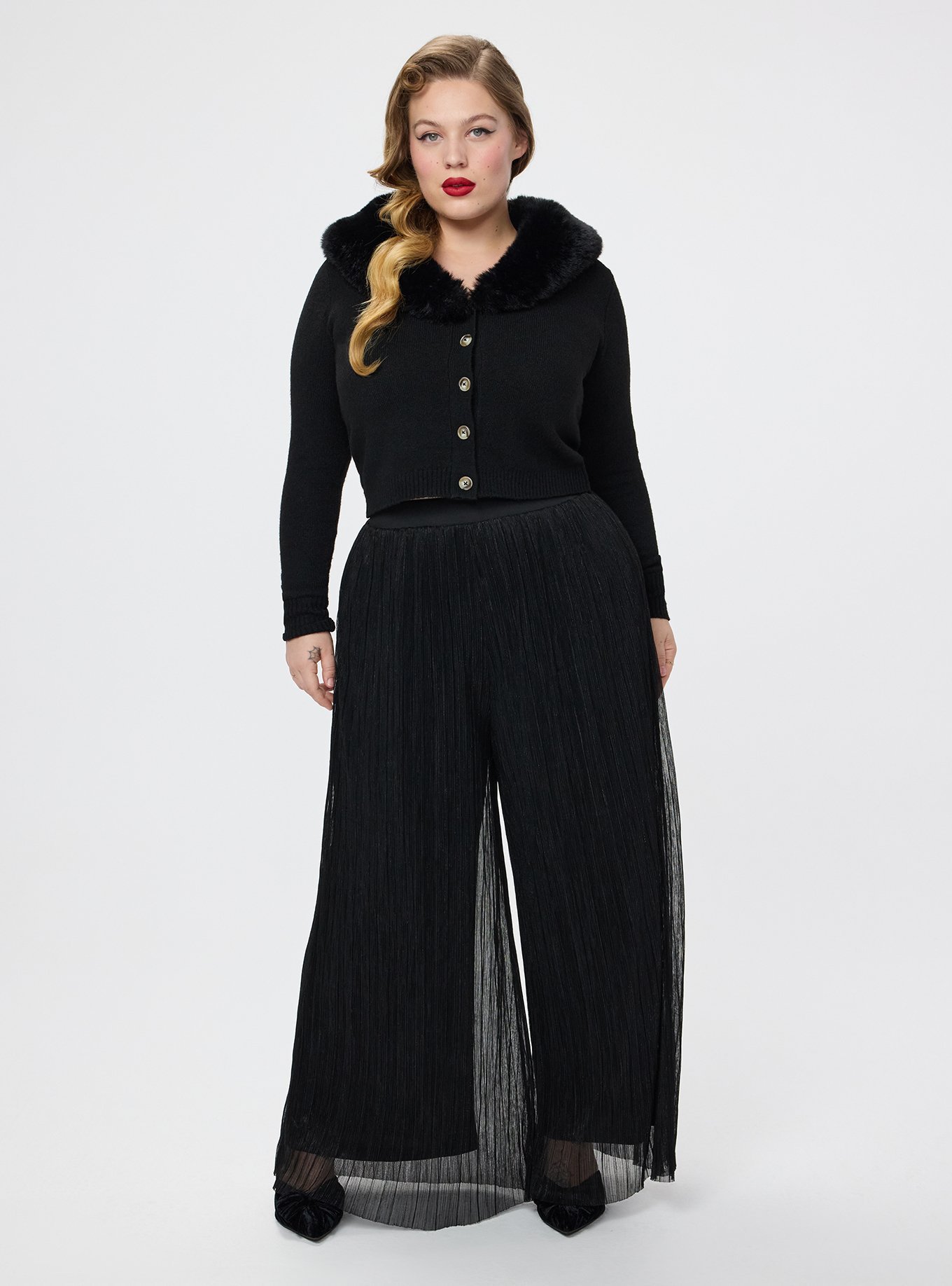 Retro Chic Wide Leg Plisse Glitter Pant, DEEP BLACK, hi-res