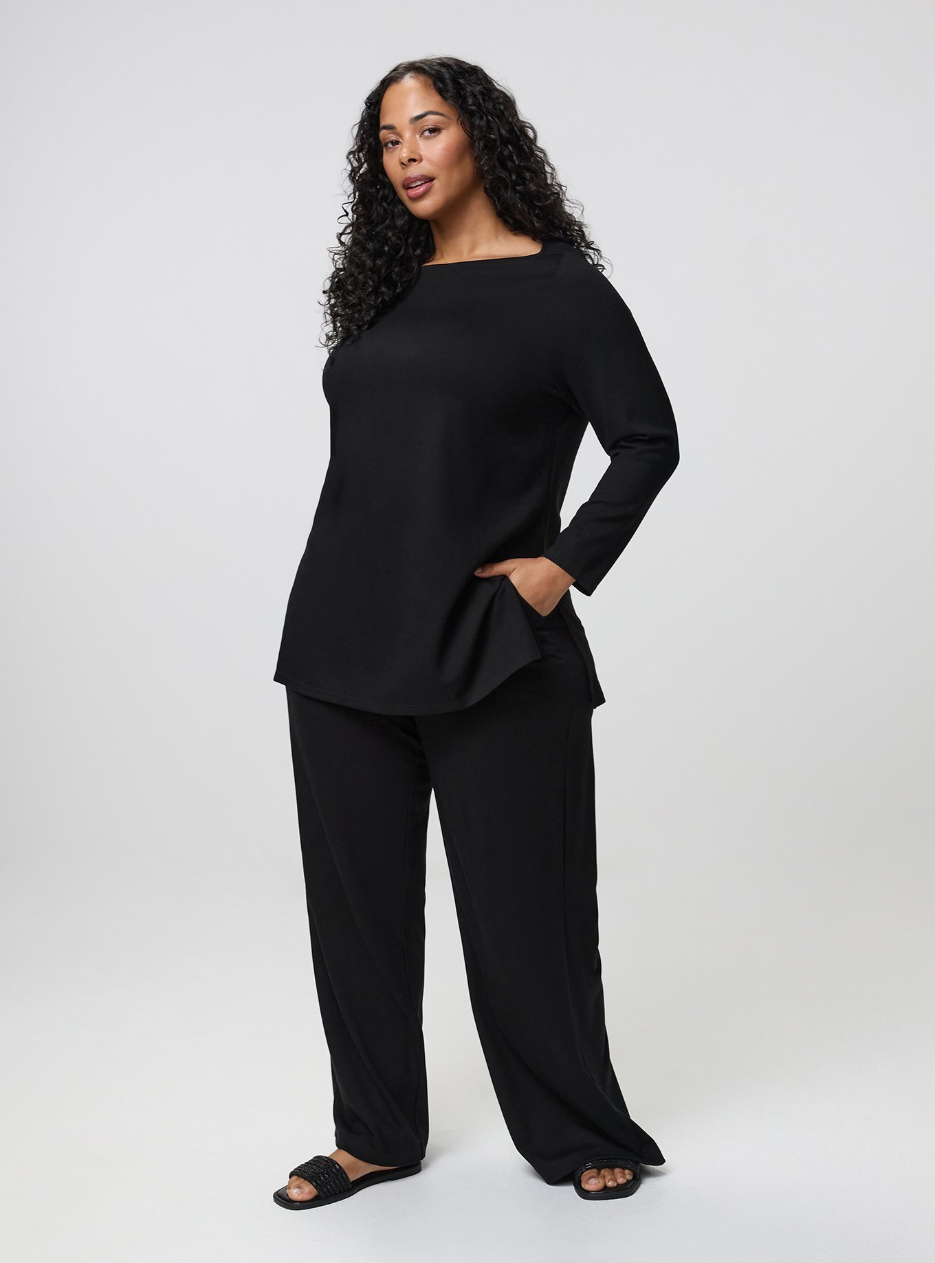 Plus Size Super Soft Ponte Bracelet Sleeve Boat Neck Top, DEEP BLACK, alternate