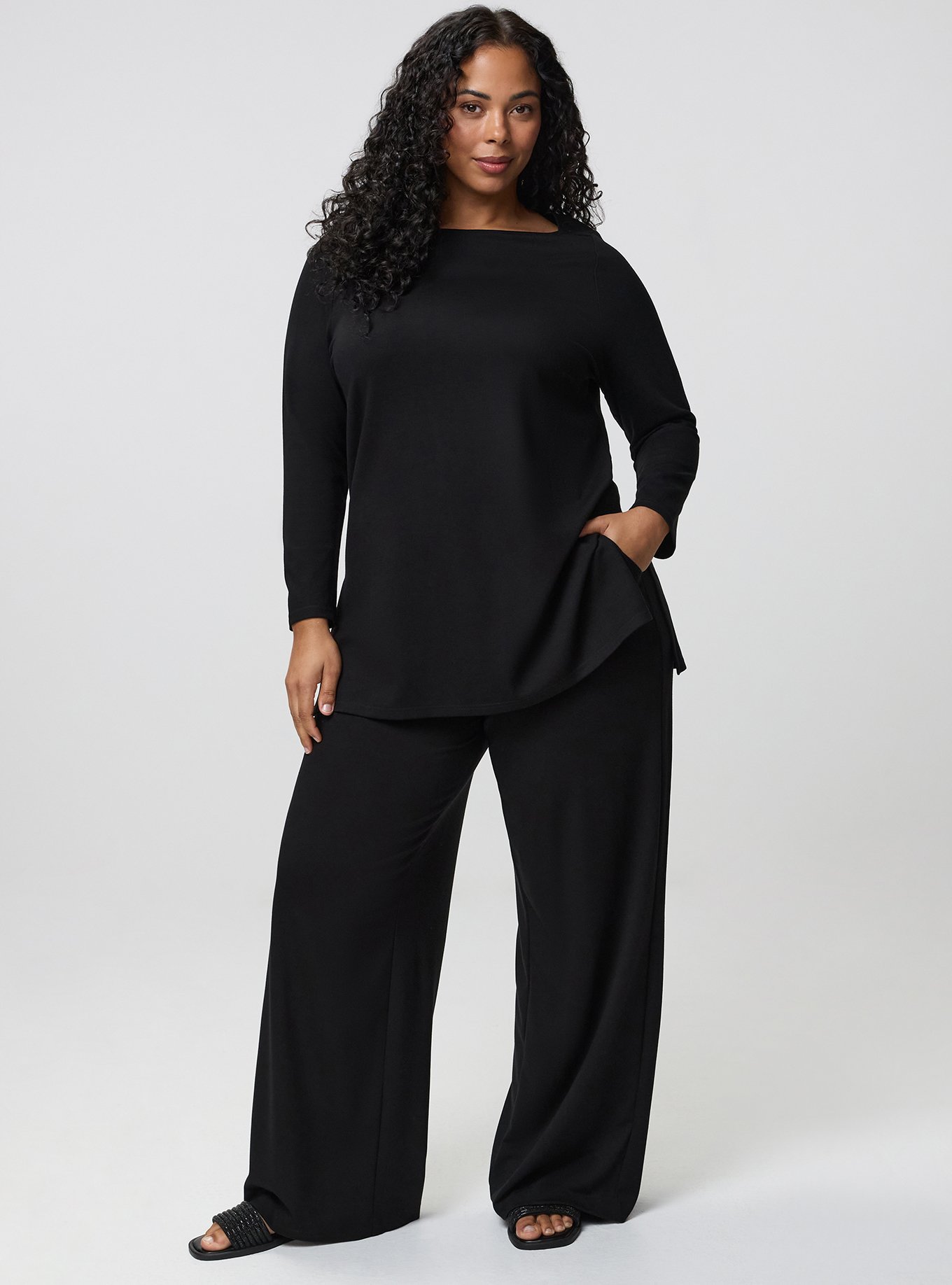 Plus Size Super Soft Ponte Bracelet Sleeve Boat Neck Top, DEEP BLACK, alternate
