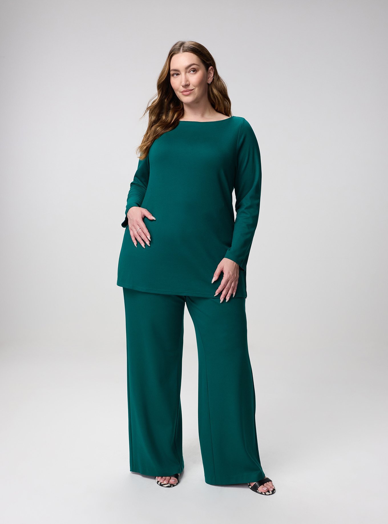 Plus Size Super Soft Ponte Bracelet Sleeve Boat Neck Top, BOTANICAL GARDEN, alternate