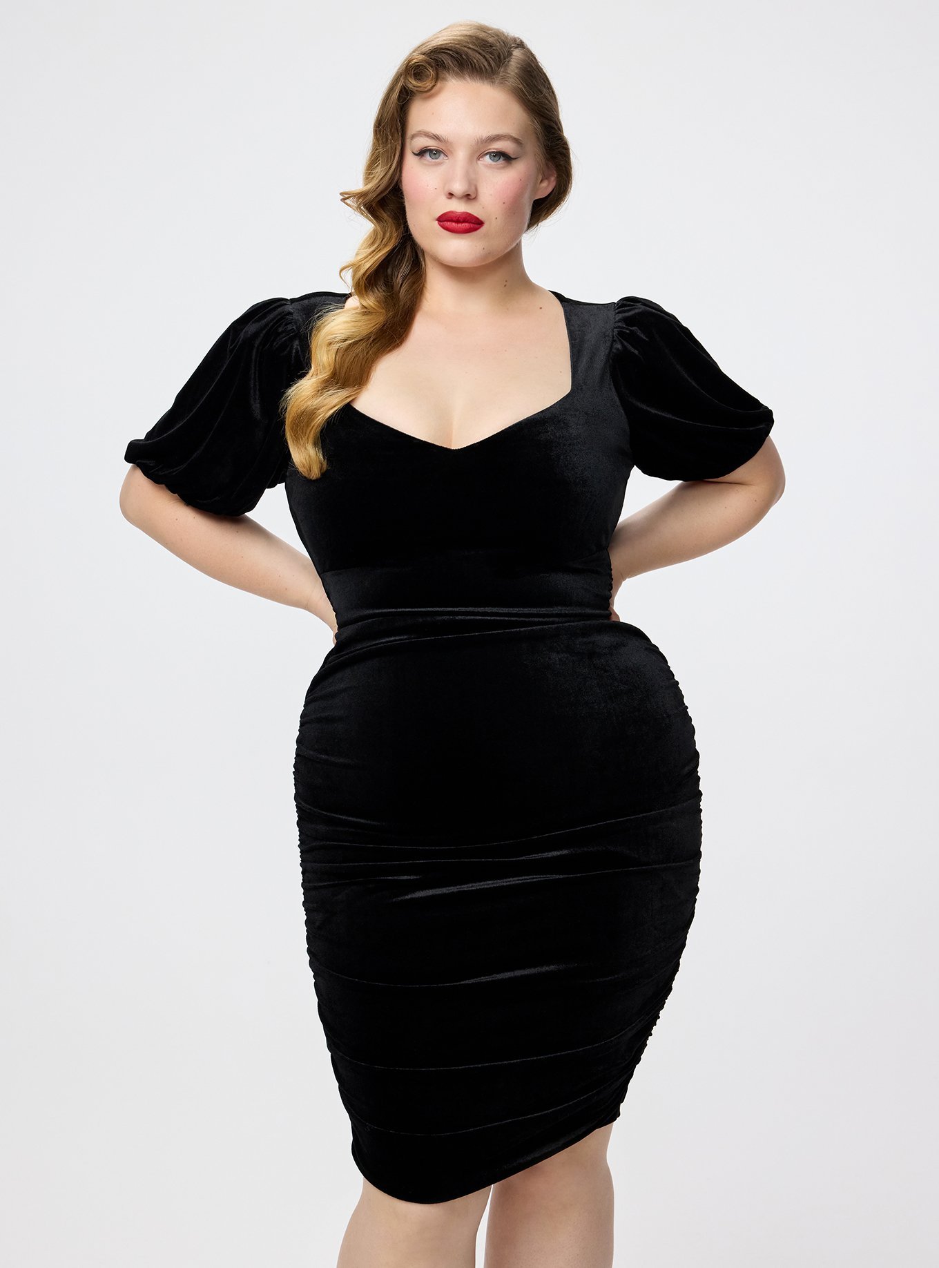 Retro Chic Puff Sleeve Midi Dress, DEEP BLACK, alternate