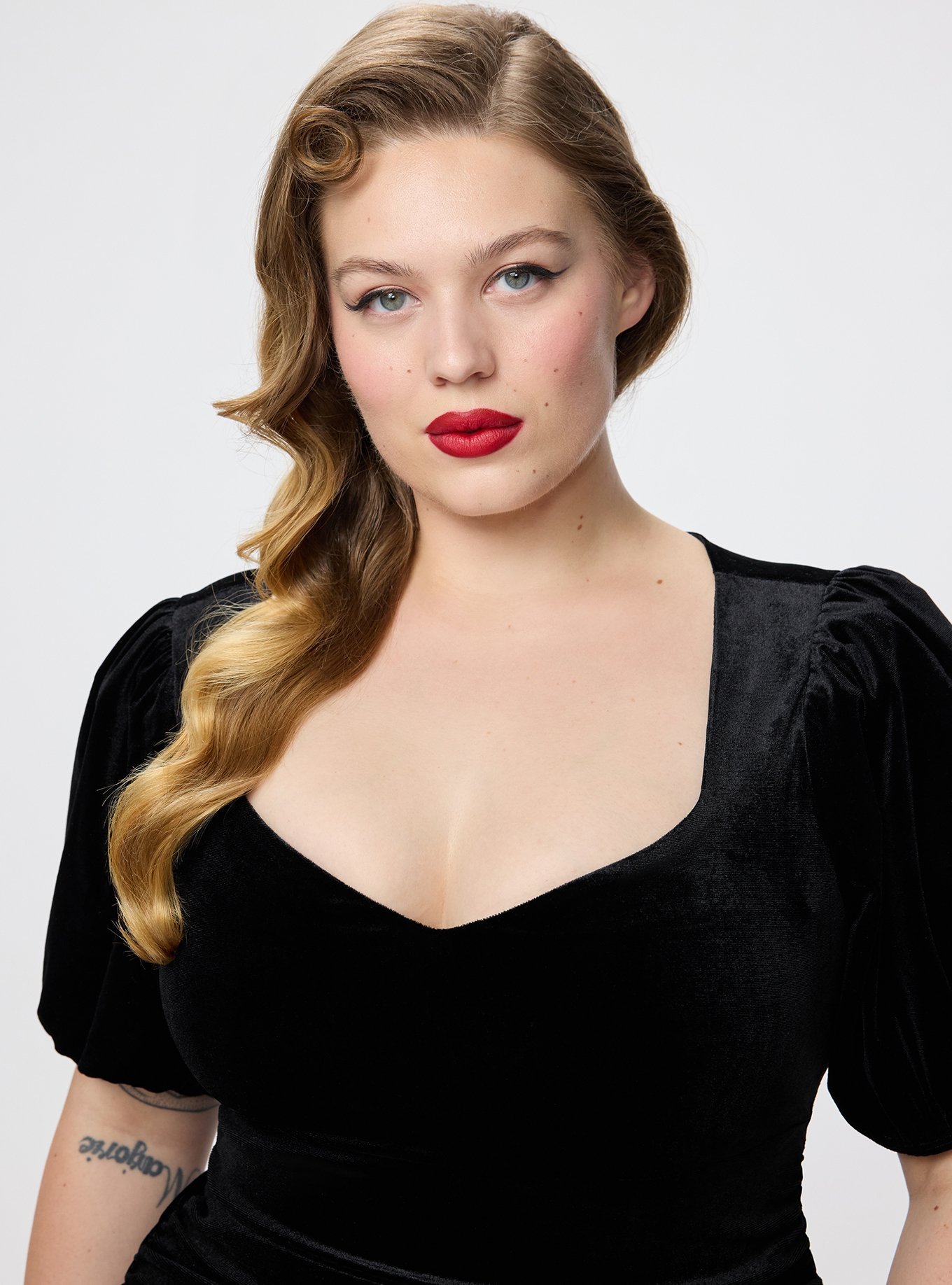 Retro Chic Puff Sleeve Midi Dress, DEEP BLACK, alternate
