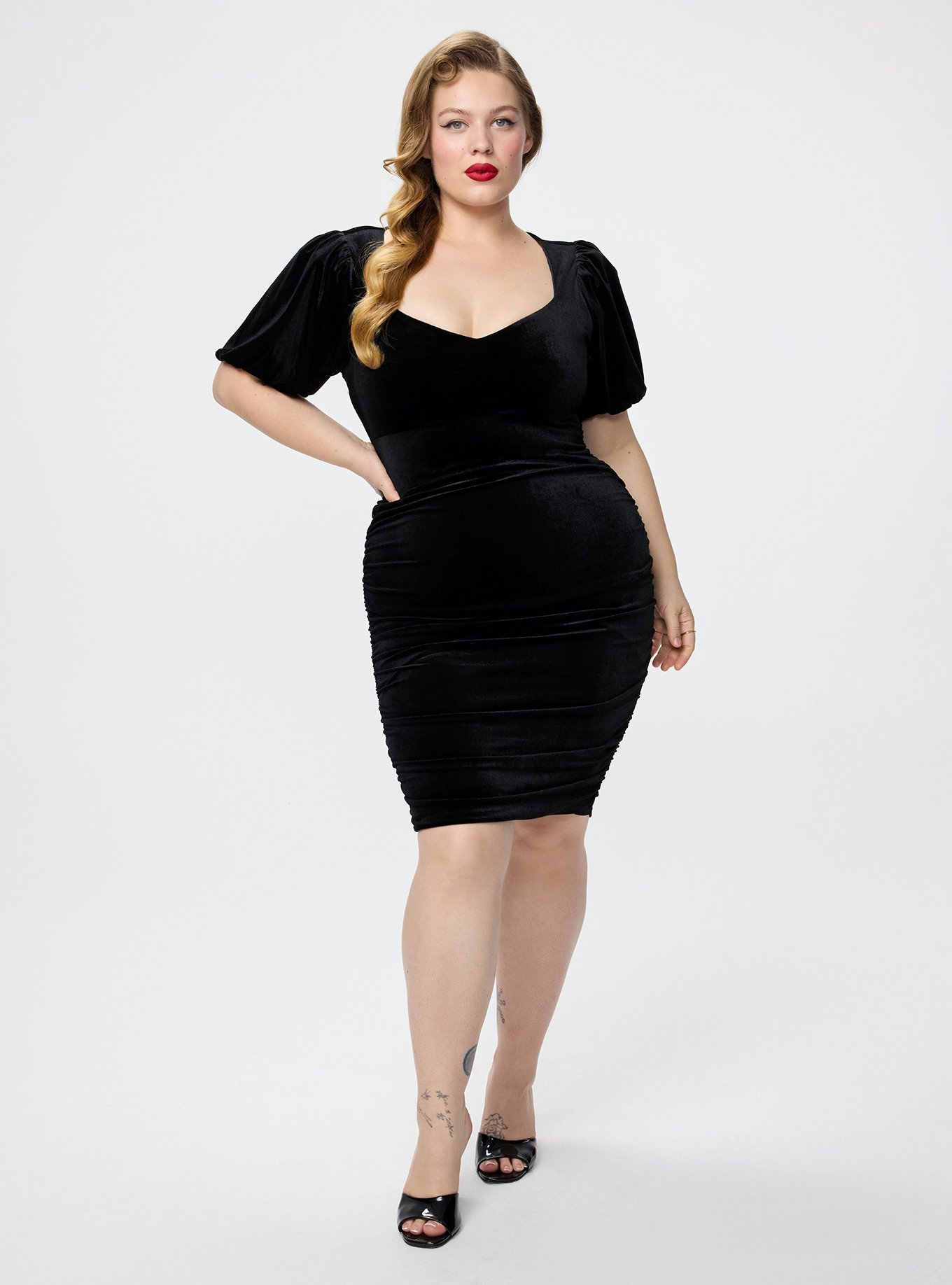 Retro Chic Puff Sleeve Midi Dress, DEEP BLACK, hi-res